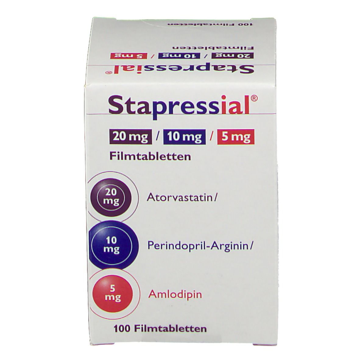 Schachtel Stapressial® Filmtabletten. Aufschrift: 20 mg/10 mg/5 mg. Enthält Atorvastatin, Perindopril-Arginin und Amlodipin. 100 Filmtabletten.