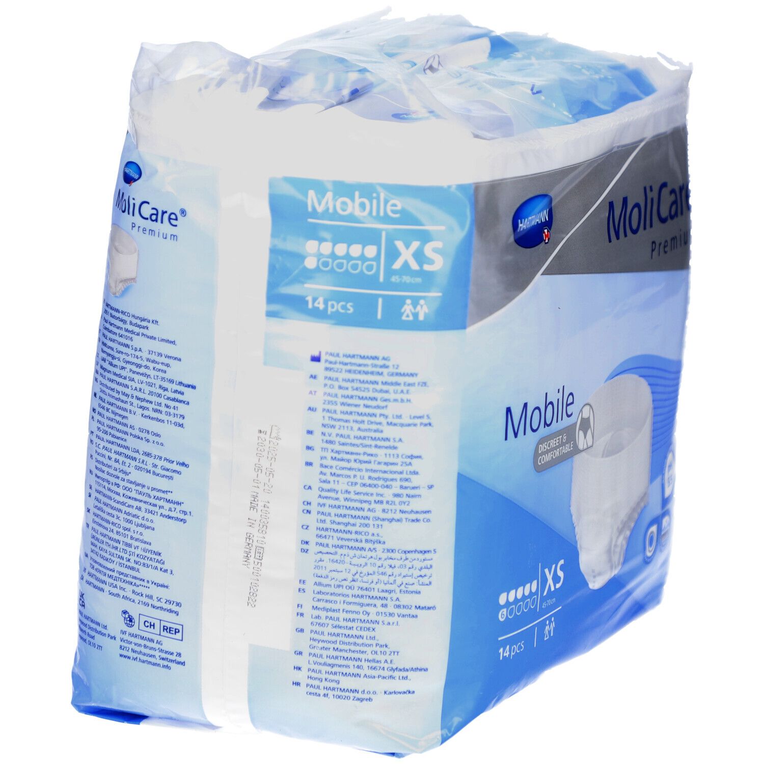 Verpackung MoliCare Premium Mobile XS. Marke Hartmann. 14 Stück. XS-Größe. Produktinformationen und Piktogramme. Rückseite.