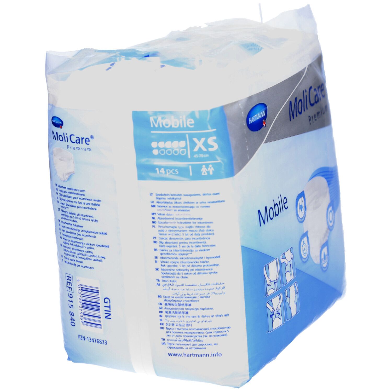 Verpackung MoliCare Premium Mobile XS. Marke Hartmann. 14 Stück. XS-Größe. Produktinformationen und Piktogramme. Rückseite.