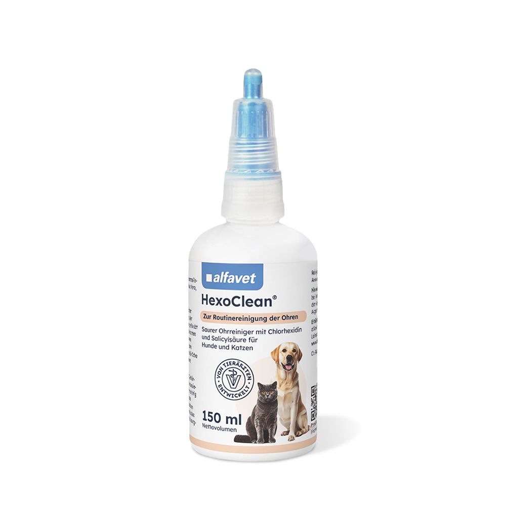 Alfabet HexoClean Ohrenreiniger für Hunde und Katzen. 150 ml Flasche mit Applikator.