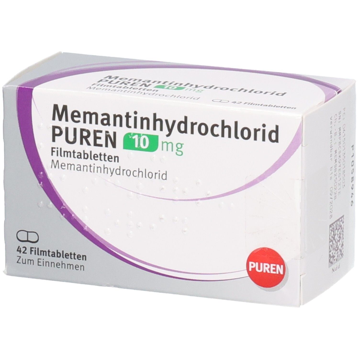 Packung Memantinhydrochlorid PUREN 10 mg Filmtabletten, 42 Stück.