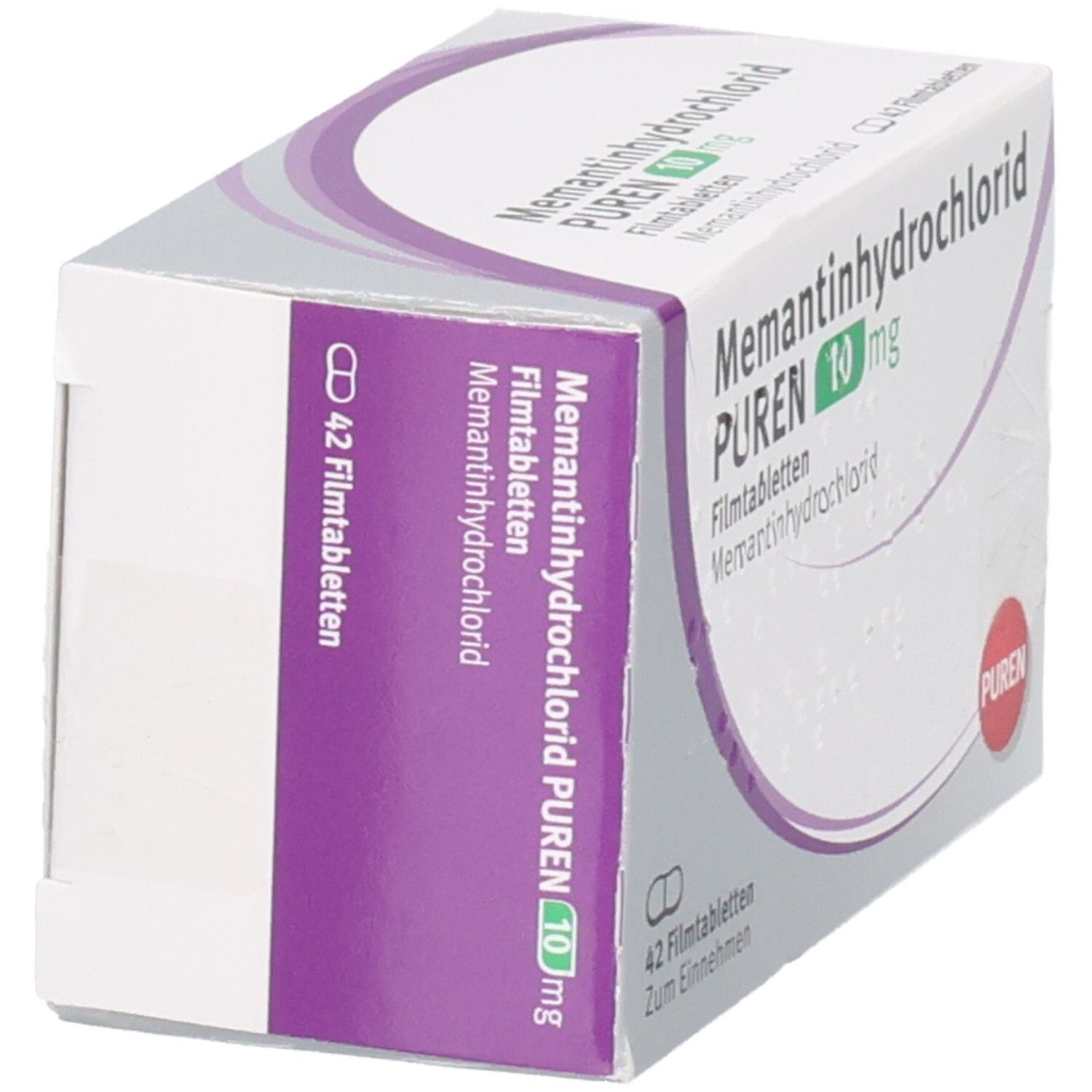 Packung Memantinhydrochlorid PUREN 10 mg Filmtabletten, 42 Stück, Seitenansicht.