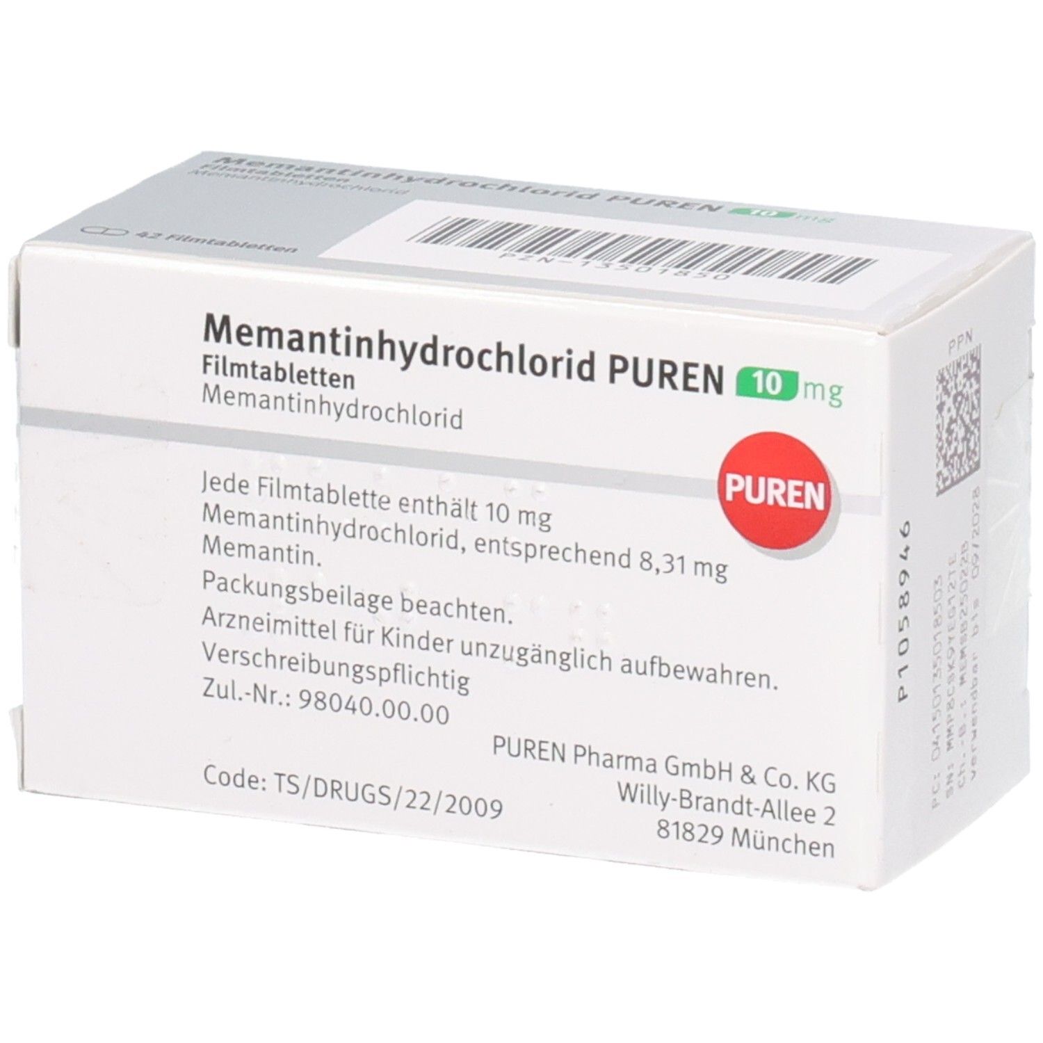 Rückseite der Packung Memantinhydrochlorid PUREN 10 mg Filmtabletten mit Dosierungsinformationen.