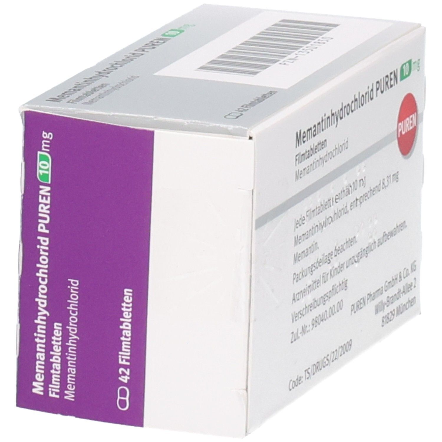 Packung Memantinhydrochlorid PUREN 10 mg Filmtabletten, 42 Stück, schräg von vorne.