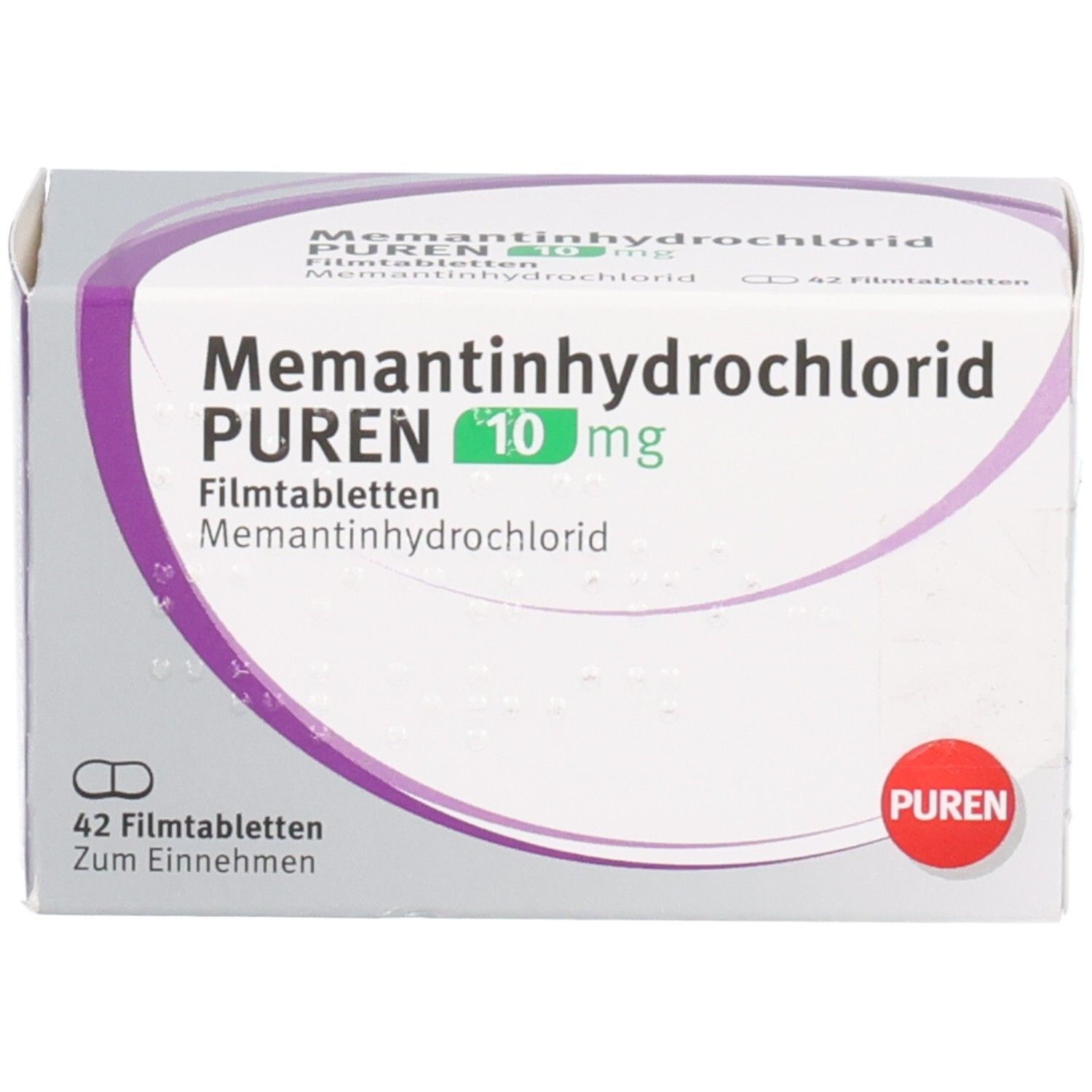Packung Memantinhydrochlorid PUREN 10 mg Filmtabletten, 42 Stück, Vorderseite.
