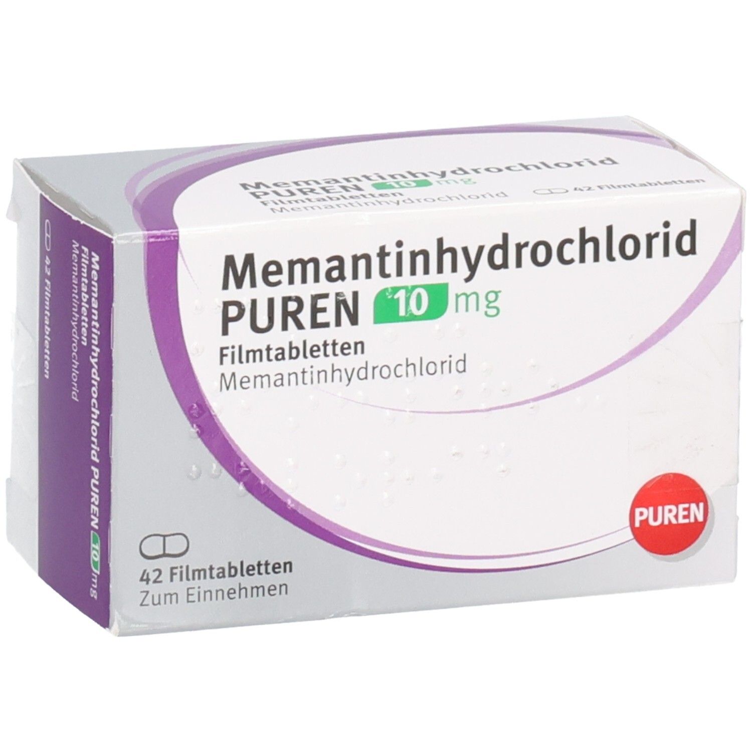 Packung Memantinhydrochlorid PUREN 10 mg Filmtabletten, 42 Stück, schräg von vorne links.