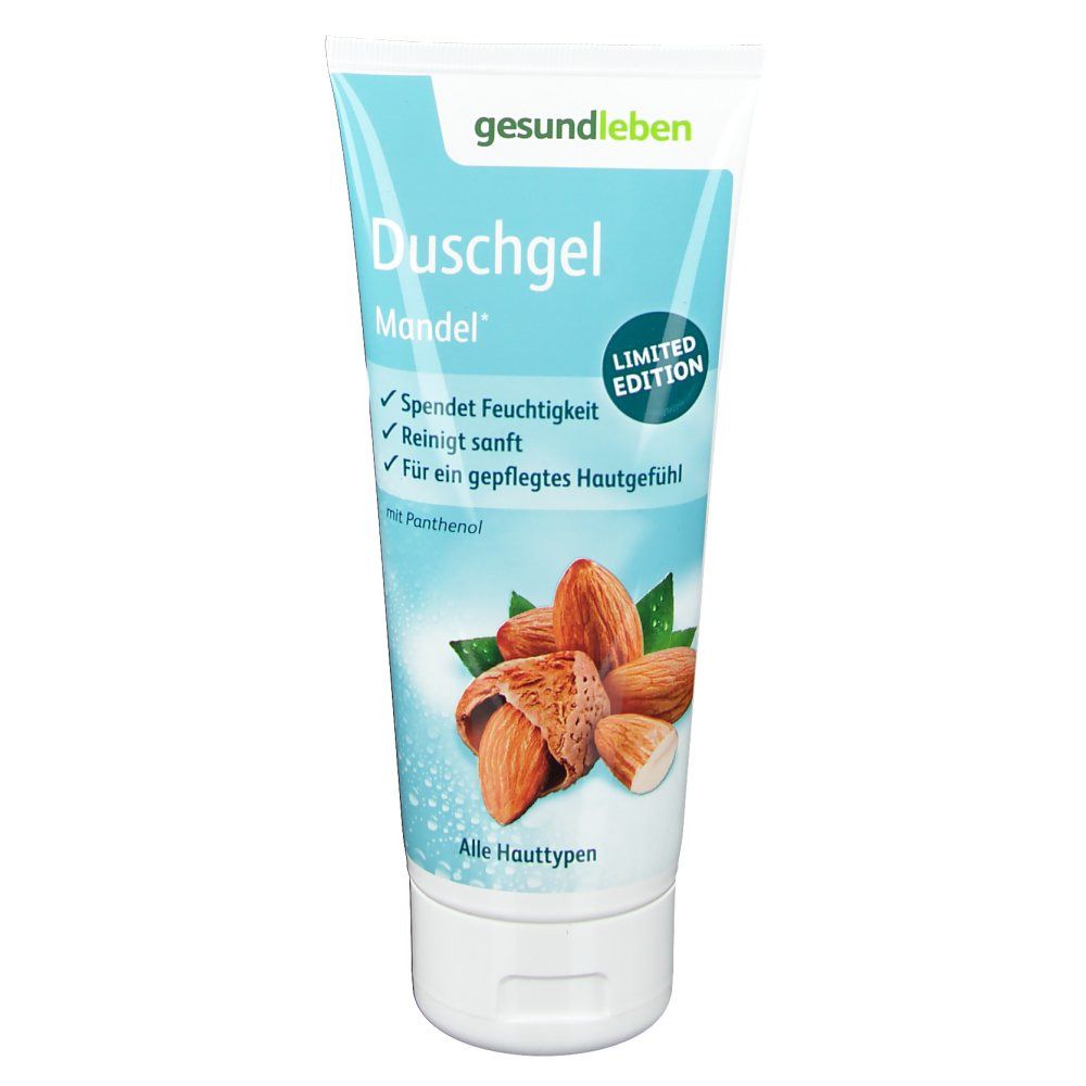 Duschgel Mandel Tube, blau-weiß. Aufdruck: gesund leben, Duschgel, Mandel, Limited Edition. Abbildung: Mandeln.