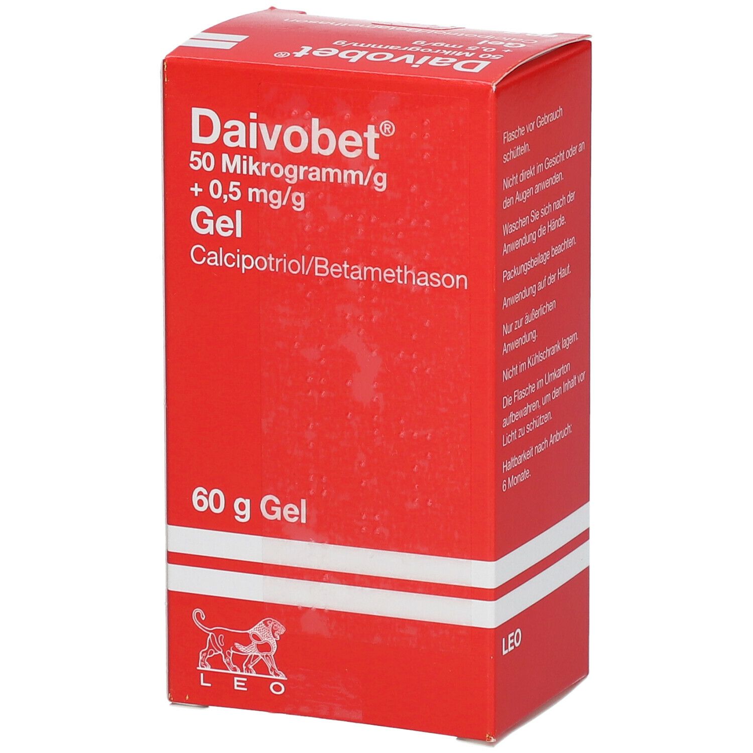 Rote Faltschachtel mit Daivobet® Gel-Aufdruck. Enthält 60 g Gel. Aufschrift: 50 Mikrogramm/g + 0,5 mg/g. Herstellerlogo: Leo.