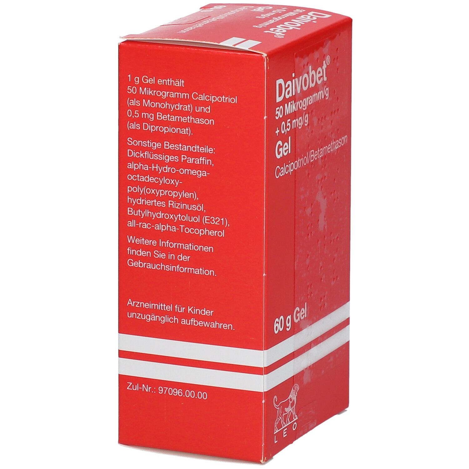 Rote Faltschachtel mit Daivobet® Gel. Enthält 60 g Gel. Aufschrift: 50 Mikrogramm/g + 0,5 mg/g. Enthält Calcipotriol/Betamethason. Herstellerlogo: Leo.