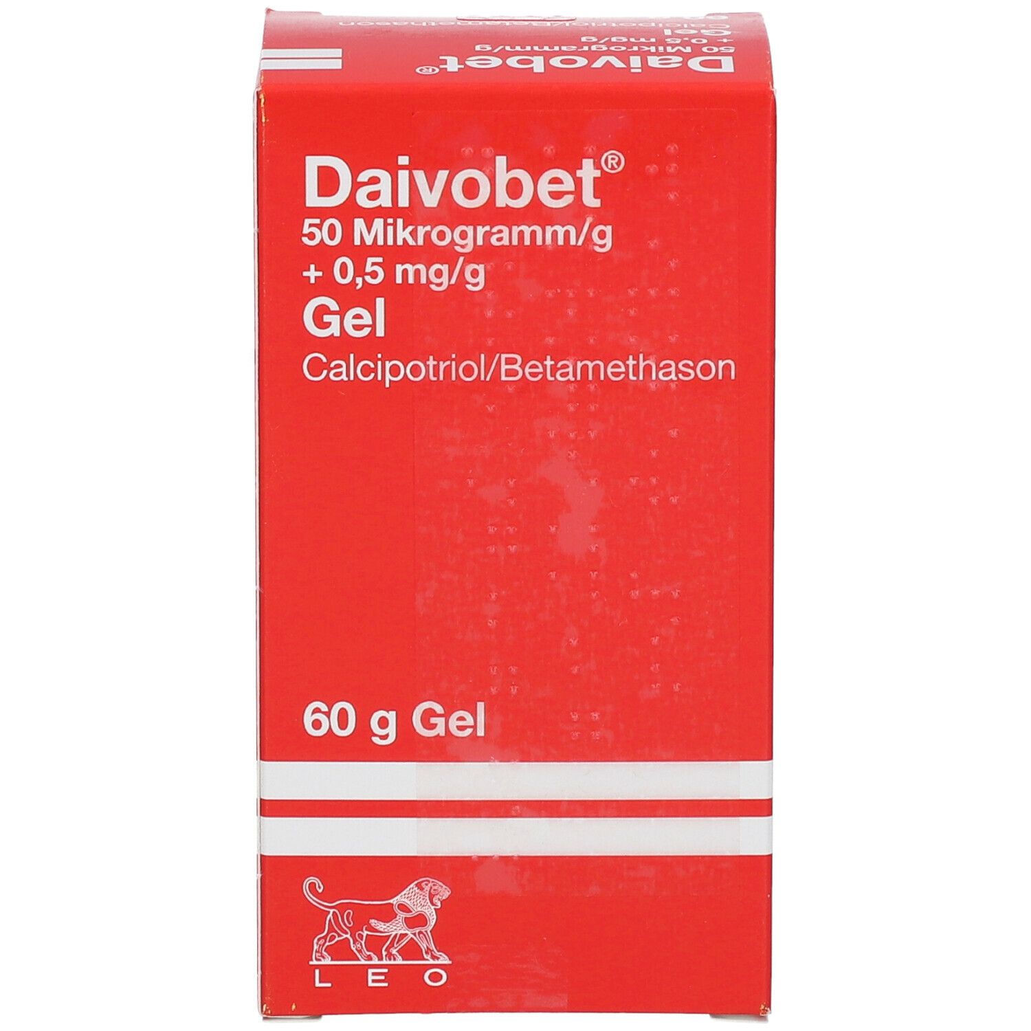 Rote Faltschachtel mit Daivobet® Gel. Enthält 60 g Gel. Aufschrift: 50 Mikrogramm/g + 0,5 mg/g. Herstellerlogo: Leo.