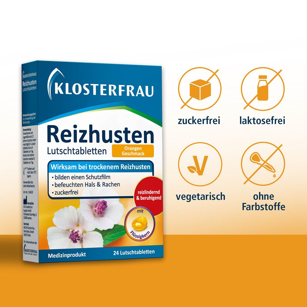 Klosterfrau Reizhusten Lutschtabletten. Orange Geschmack. Zuckerfrei, laktosefrei, vegetarisch, ohne Farbstoffe.