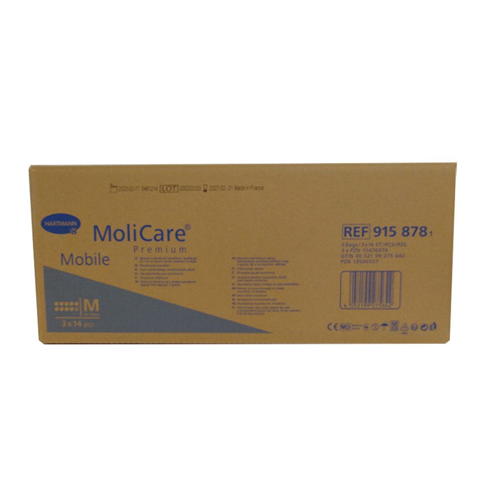 Braune Kartonverpackung mit MoliCare Premium Mobile. Text und Logo Hartmann. Größe M. 2 x 14 Stück. Barcode und Referenznummer.