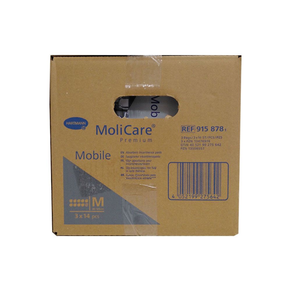 Kartonverpackung mit MoliCare Premium Mobile. Logo Hartmann, Größe M. 3 x 14 Stück. Barcode und Referenznummer. Griffloch.