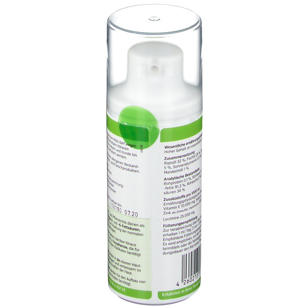 Rückseite der weißen Flasche. Etikett mit Produktinformationen und Inhaltsstoffen.