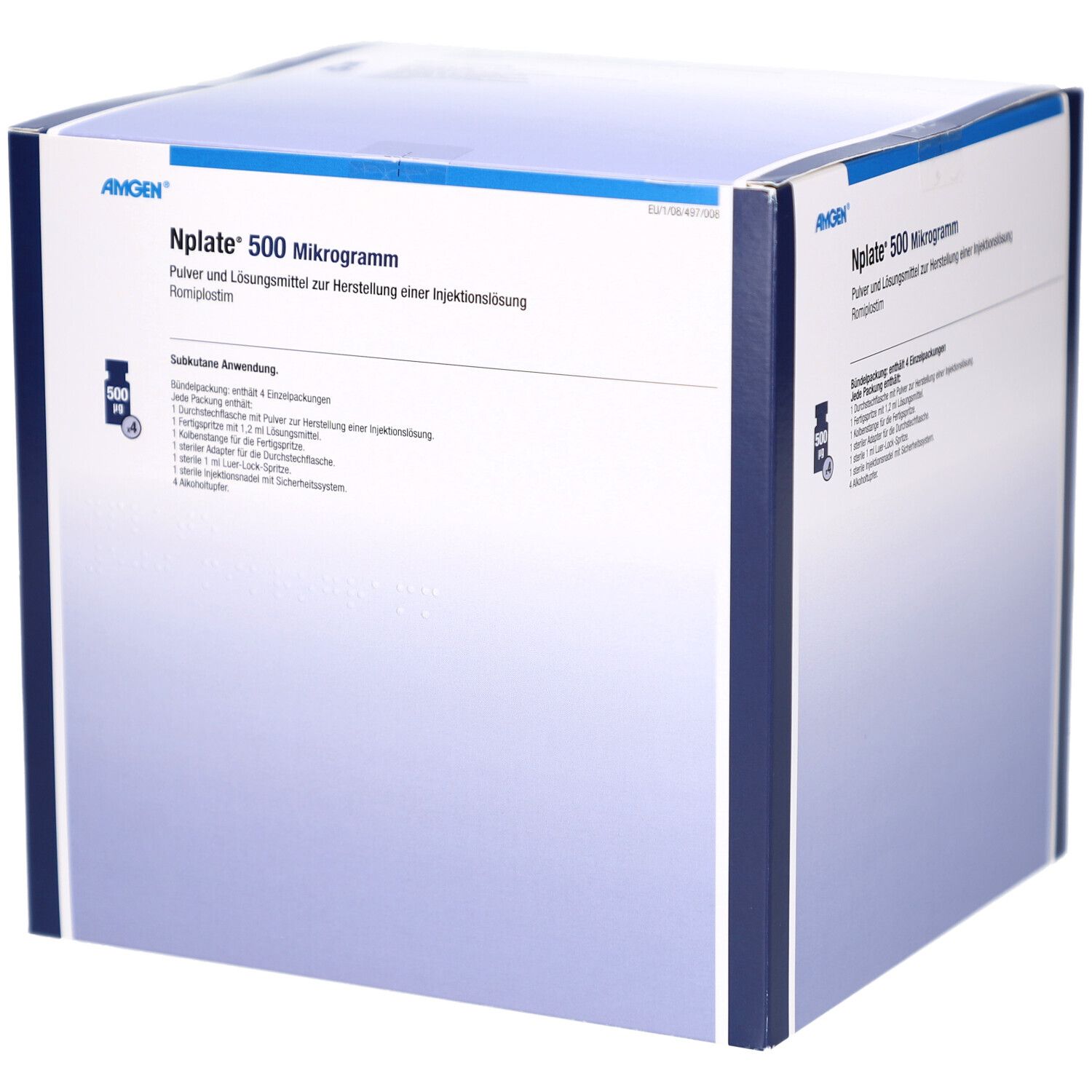 Karton mit Nplate 500 Mikrogramm. Pulver und Lösungsmittel zur Herstellung einer Injektionslösung. Enthält 4 Packungen.