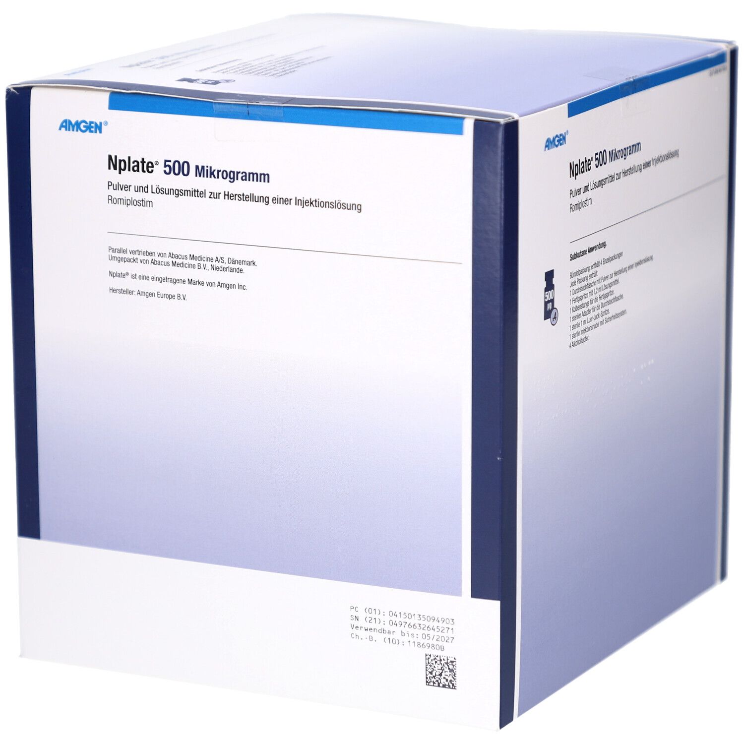 Karton mit Nplate 500 Mikrogramm. Pulver und Lösungsmittel zur Herstellung einer Injektionslösung. Rückseite mit Text.