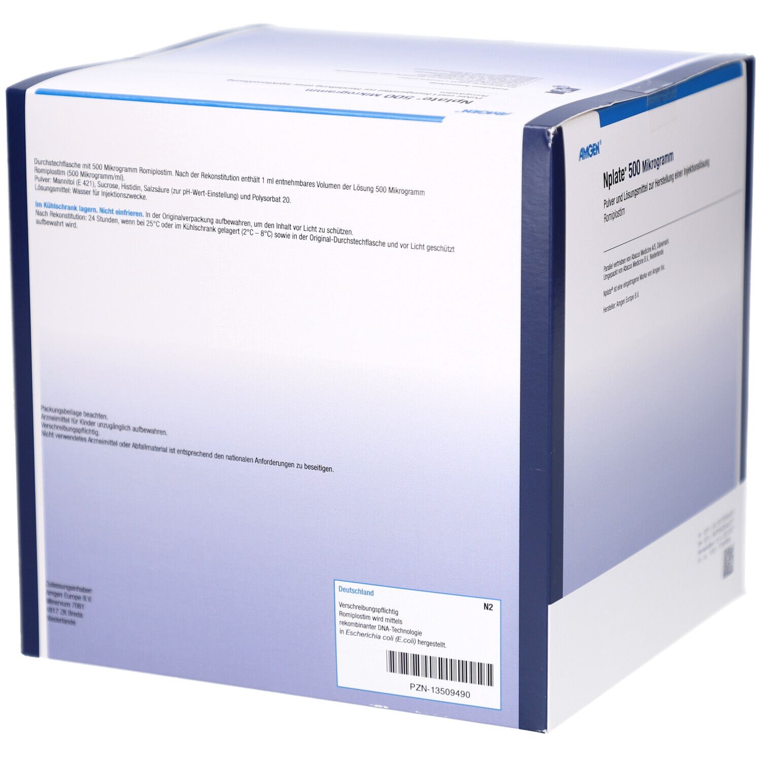 Rückseite der Nplate 500 Mikrogramm Verpackung. Textinformationen und Herstellerangaben.