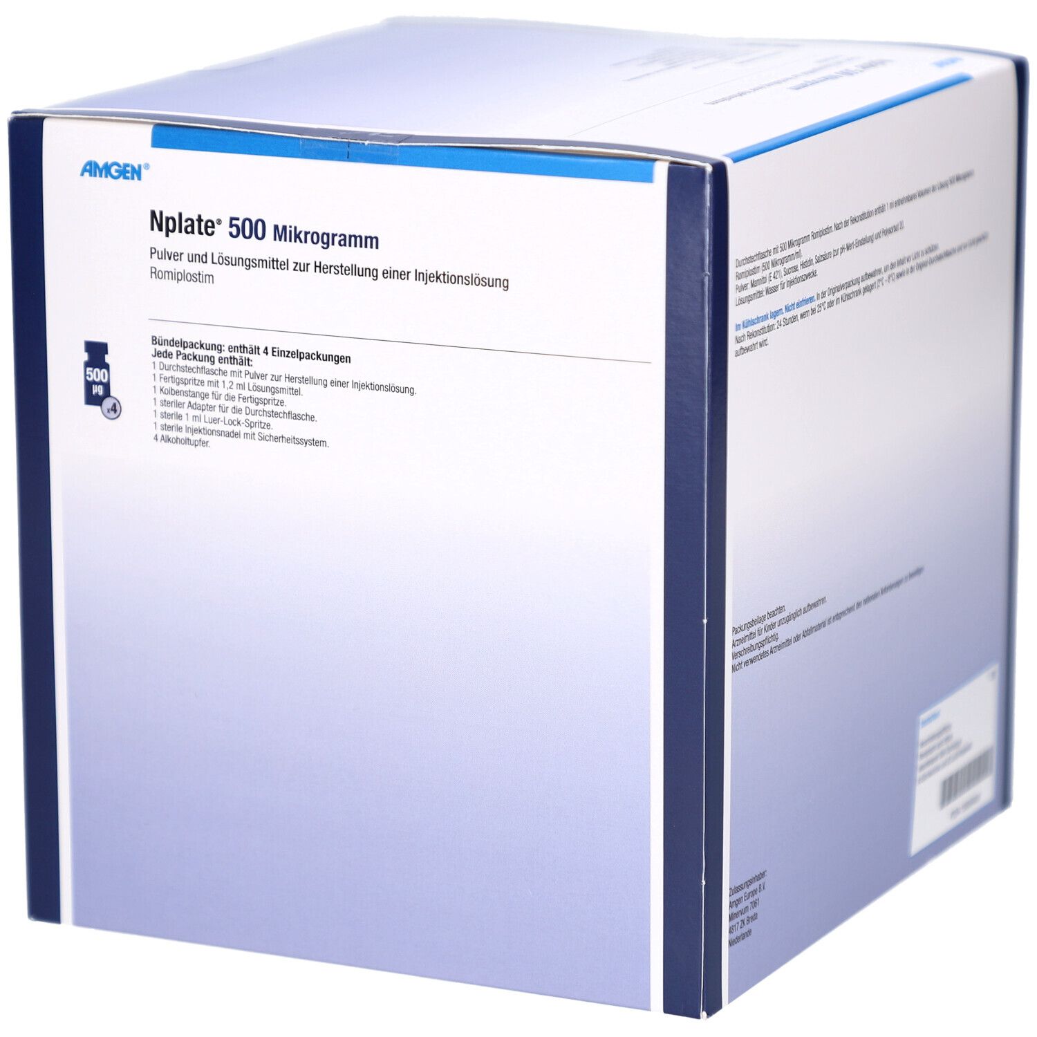 Karton mit Nplate 500 Mikrogramm. Pulver und Lösungsmittel zur Herstellung einer Injektionslösung. Vorderseite.