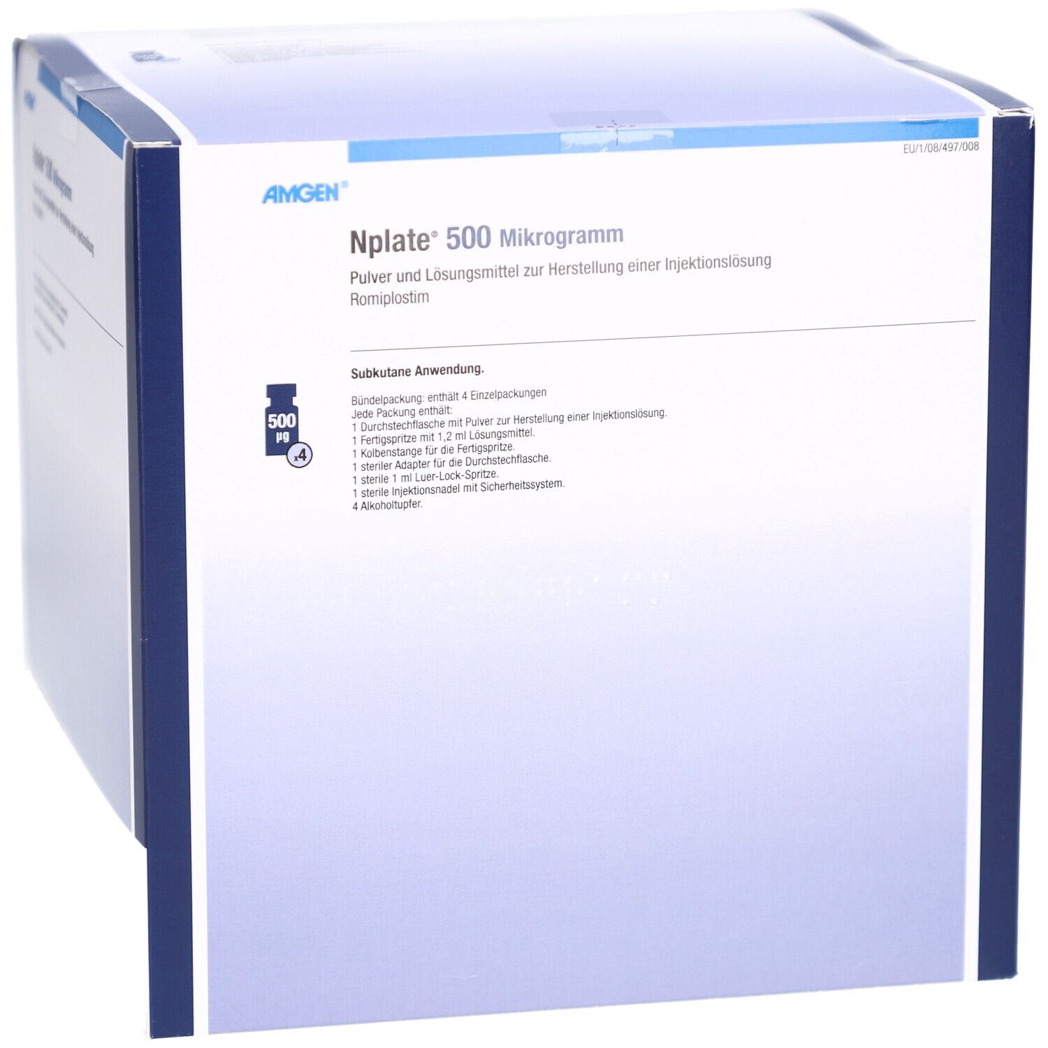 Karton mit Nplate 500 Mikrogramm. Pulver und Lösungsmittel zur Herstellung einer Injektionslösung. Vorderseite.