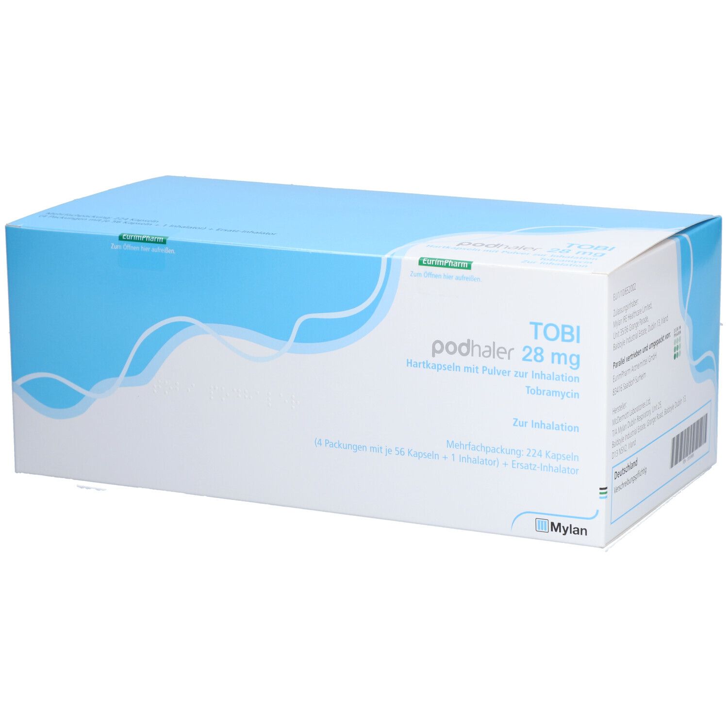 Blau-weiße Faltschachtel mit Aufschrift TOBI podhaler 28 mg. Enthält Hartkapseln zur Inhalation. Mylan Logo.