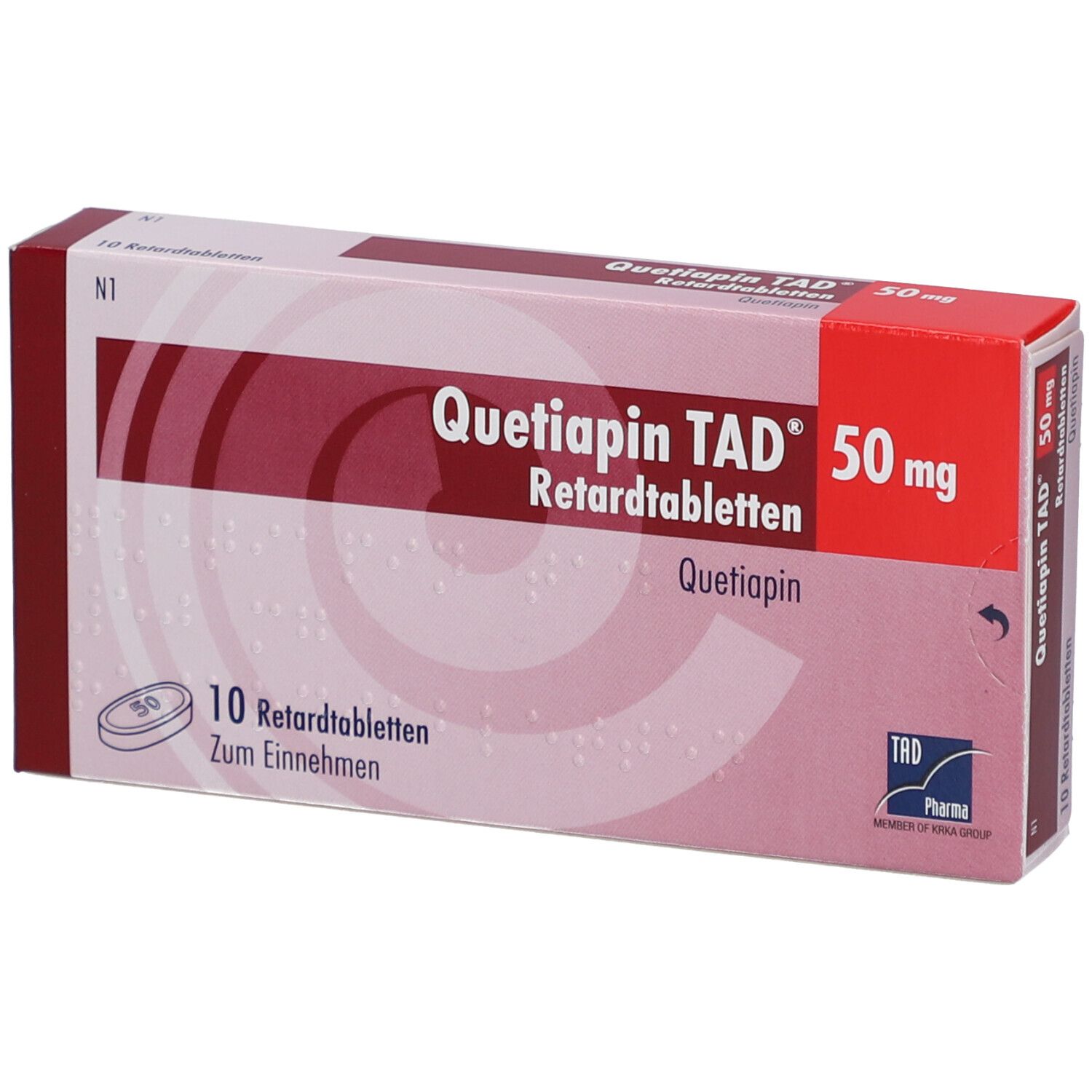 Schachtel mit Tabletten. Aufschrift: Quetiapin TAD 50 mg Retardtabletten. 10 Tabletten. TAD Pharma.