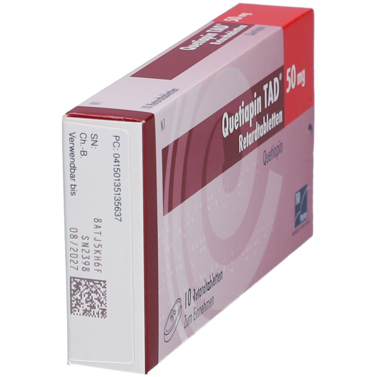 Schachtel mit Tabletten, Seitenansicht. Aufschrift: Quetiapin TAD 50 mg Retardtabletten. Chargennummer und Verfallsdatum.