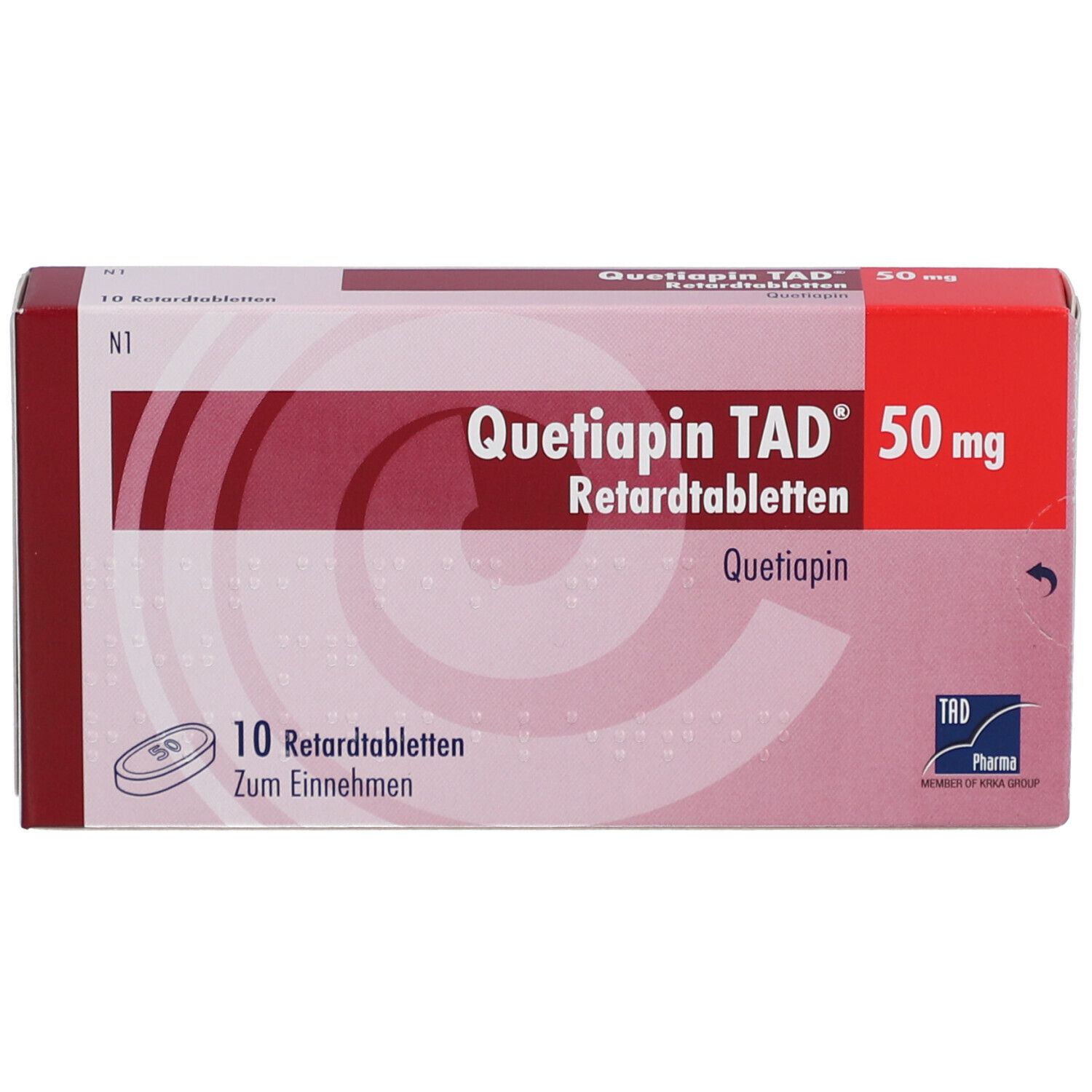 Tablettenschachtel, leicht schräg. Aufschrift: Quetiapin TAD 50 mg Retardtabletten. 10 Tabletten. TAD Pharma.