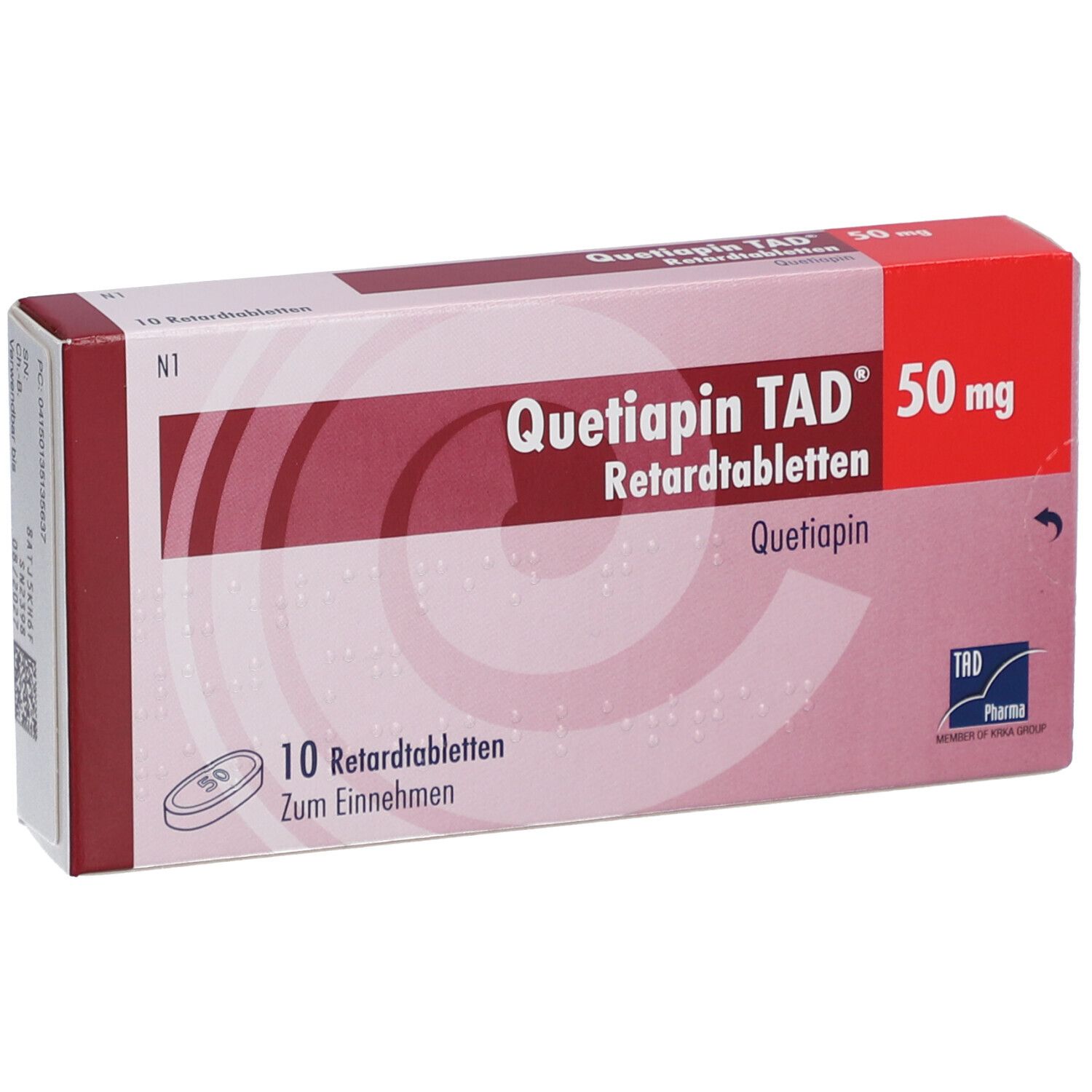 Tablettenschachtel, leicht schräg. Aufschrift: Quetiapin TAD 50 mg Retardtabletten. 10 Tabletten. TAD Pharma.