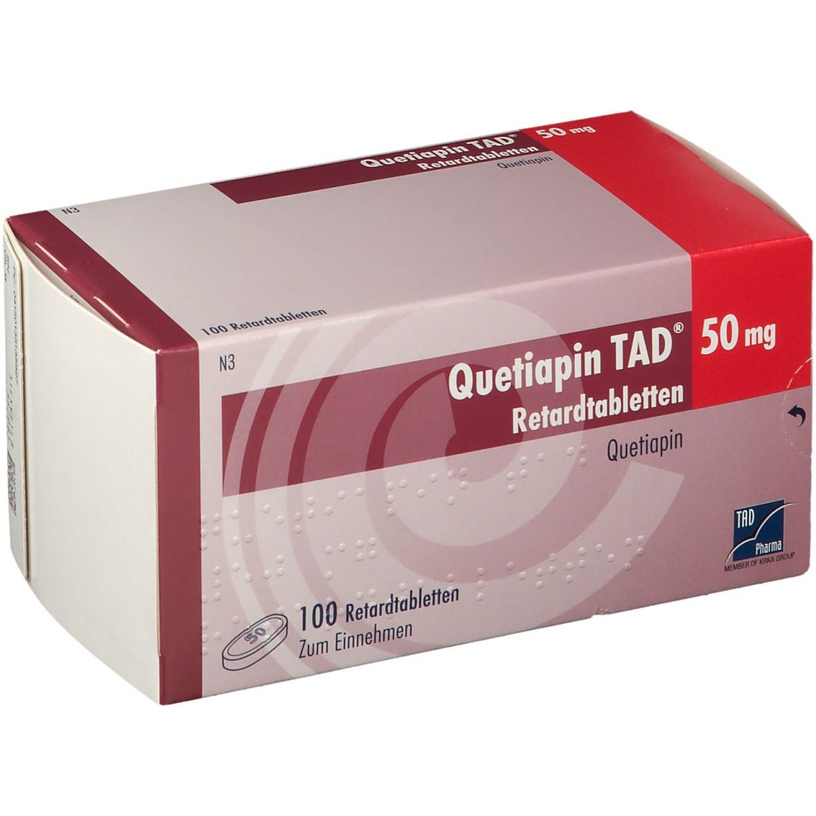 Verpackung von Quetiapin TAD® 50 mg Retardtabletten. Rote und weiße Schachtel mit Produktnamen und Dosierung.