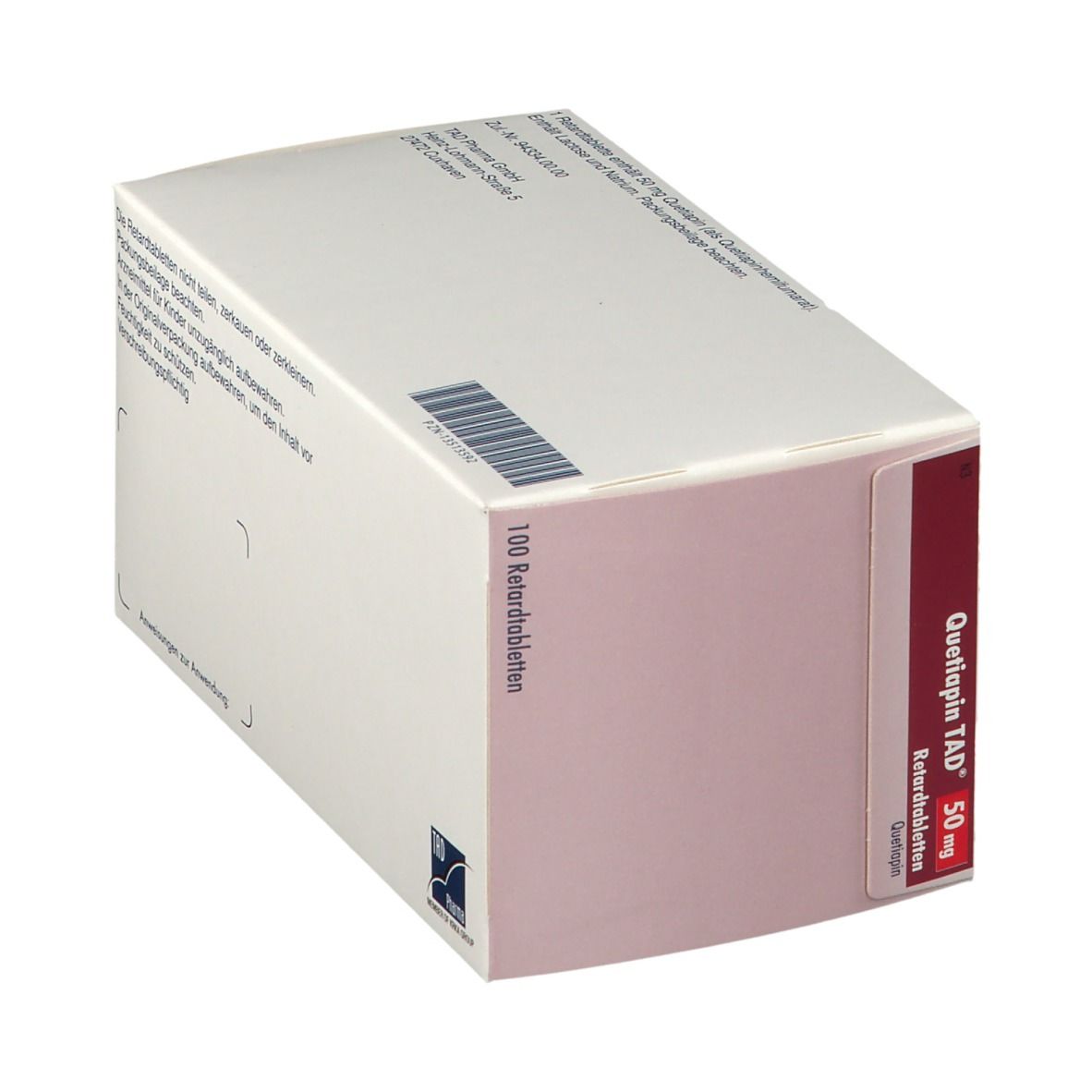 Quetiapin TAD® 50 mg Schachtel. Rote und weiße Verpackung mit Produktinformationen. Schräge Ansicht.