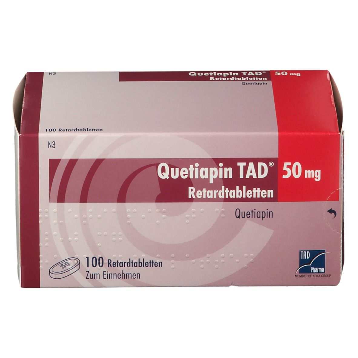 Quetiapin TAD® 50 mg Schachtel. Rote und weiße Verpackung mit Produktnamen und Dosierung. Tablette abgebildet.