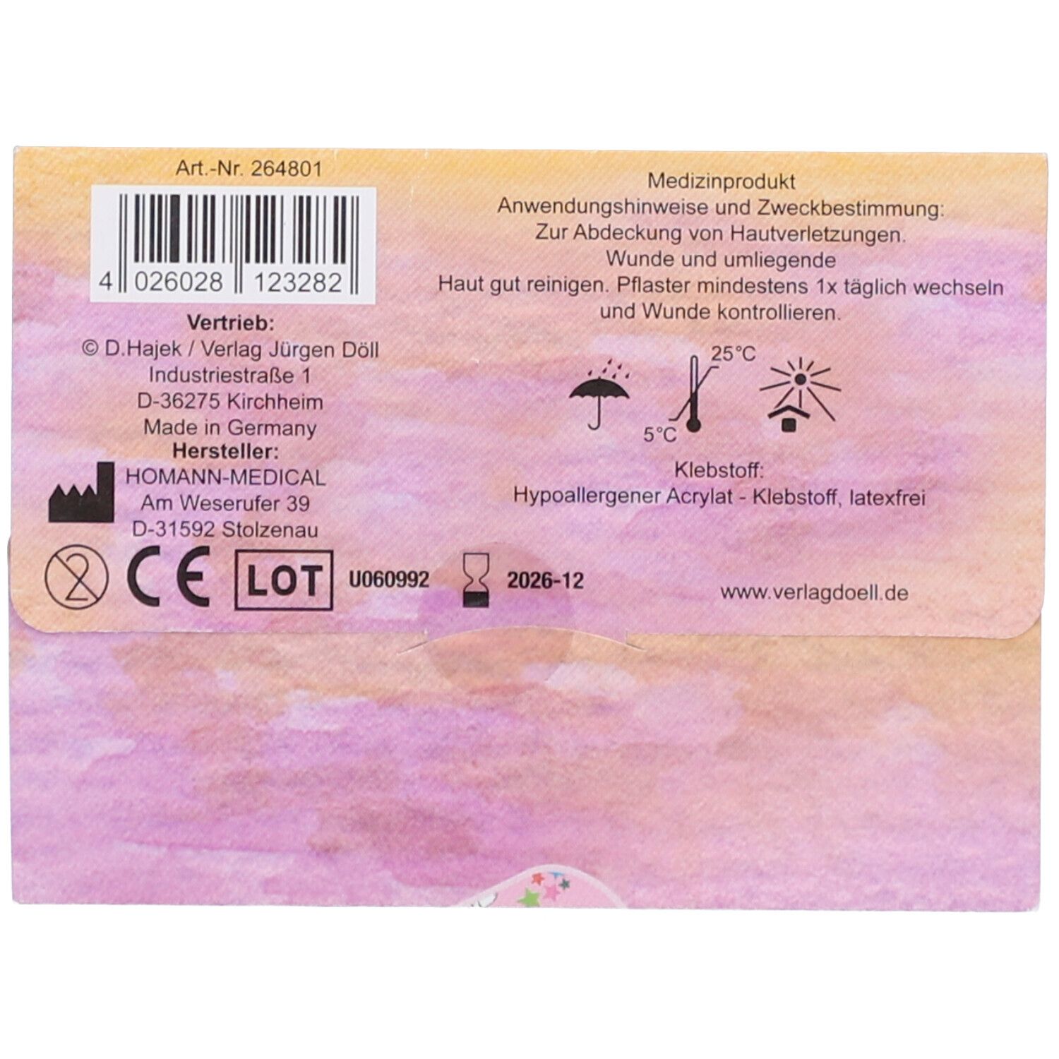 Rückseite der Pflasterverpackung. Text: Medizinprodukt, Anwendungshinweise, Chargennummer, Haltbarkeit, Hersteller, CE-Kennzeichnung.