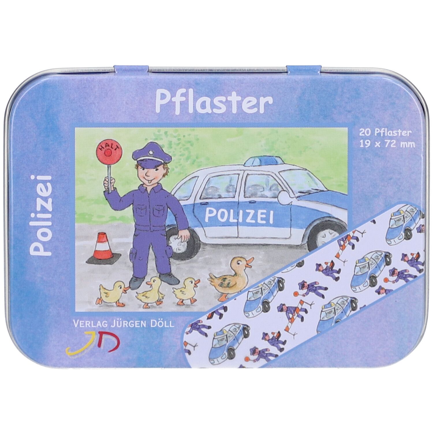 Metallbox mit Pflaster. Aufdruck: Polizei, Polizist, Enten, Auto. 20 Pflaster, 19 x 72 mm. Verlag Jürgen Döll.