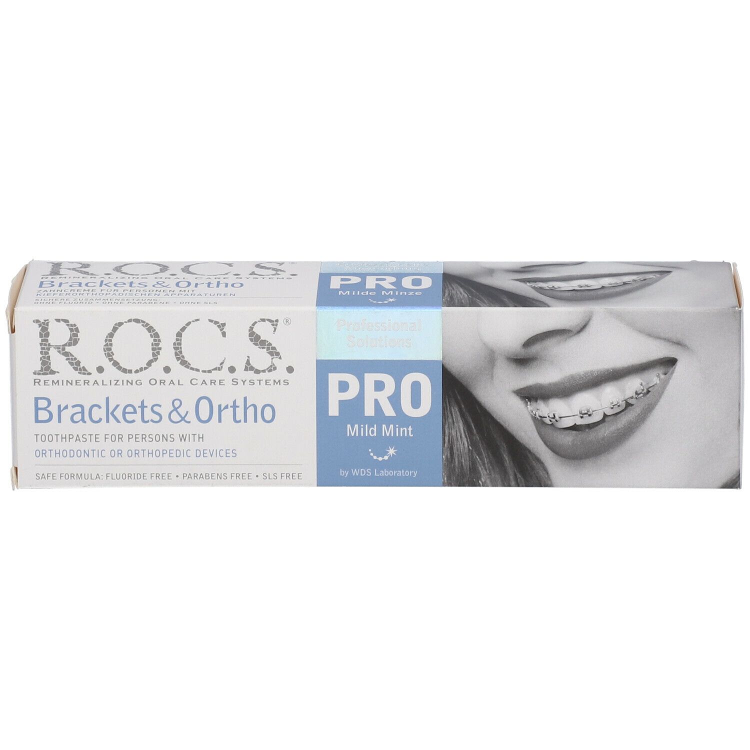 Schachtel mit ROCS Brackets & Ortho, PRO Mild Mint. Zeigt ein Gebiss mit Zahnspange und Produktnamen.