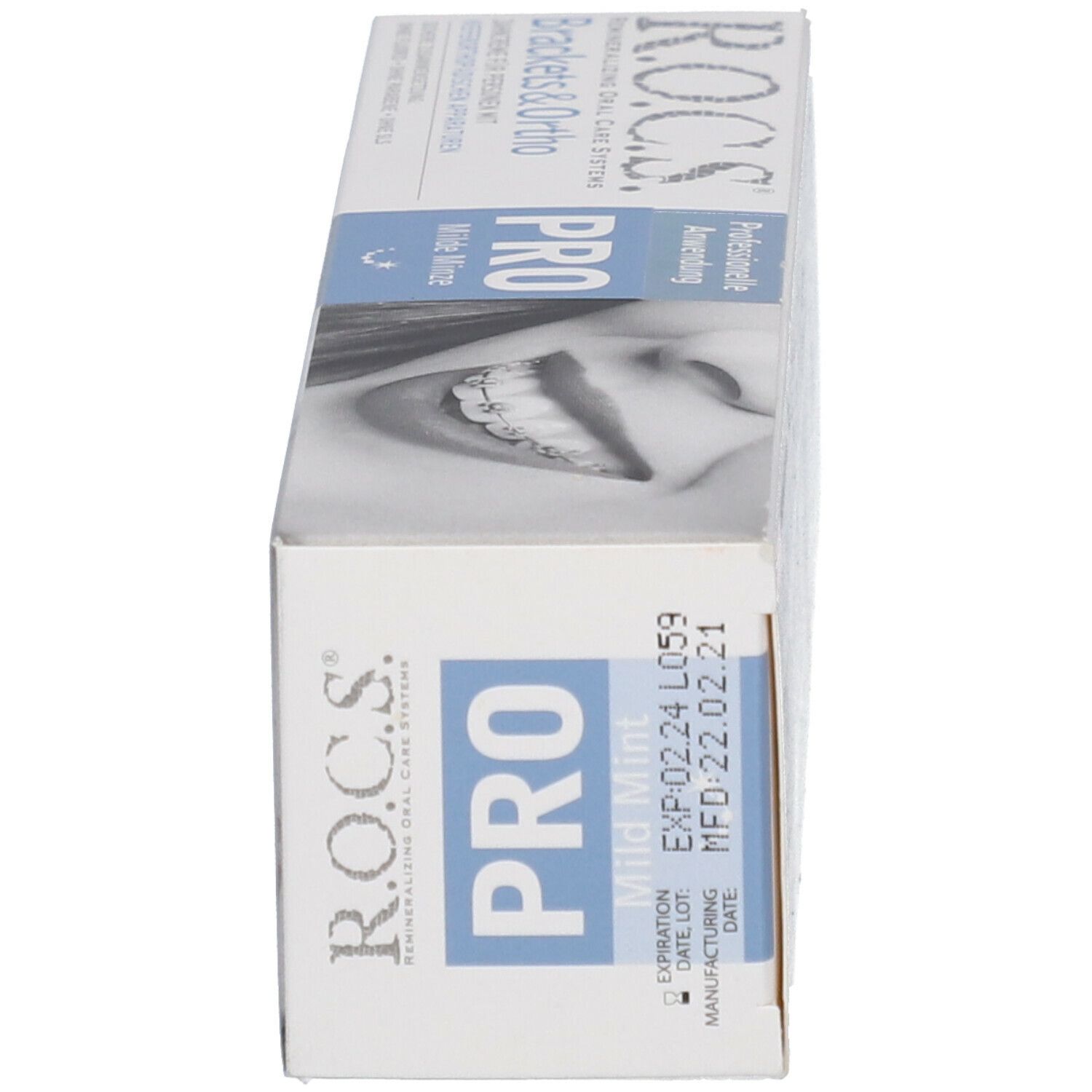 Schachtel mit ROCS Brackets & Ortho, PRO Mild Mint. Seitenansicht mit Produktnamen und Verfallsdatum.