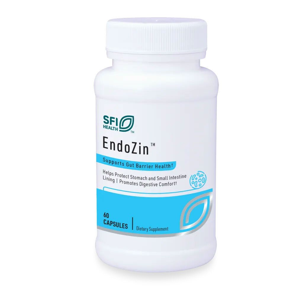 Weiße Flasche mit Kapseln. Aufschrift: EndoZin, SFI Health. Enthält 60 Kapseln. Unterstützt die Gesundheit des Darms.