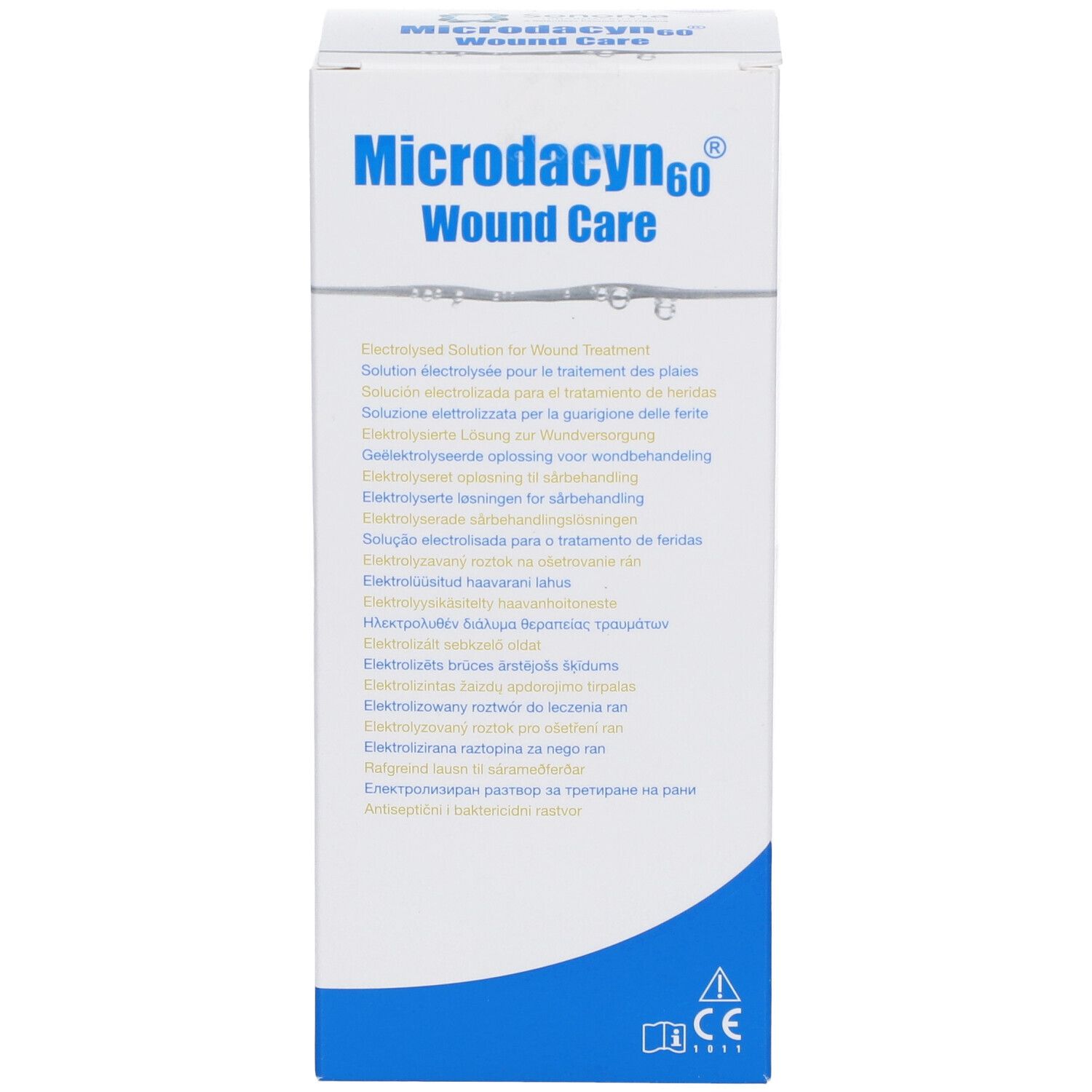 Weiße Verpackung mit blauer Schrift. Aufschrift: Microdacyn60 Wound Care. Enthält Informationen in mehreren Sprachen. CE-Kennzeichnung.