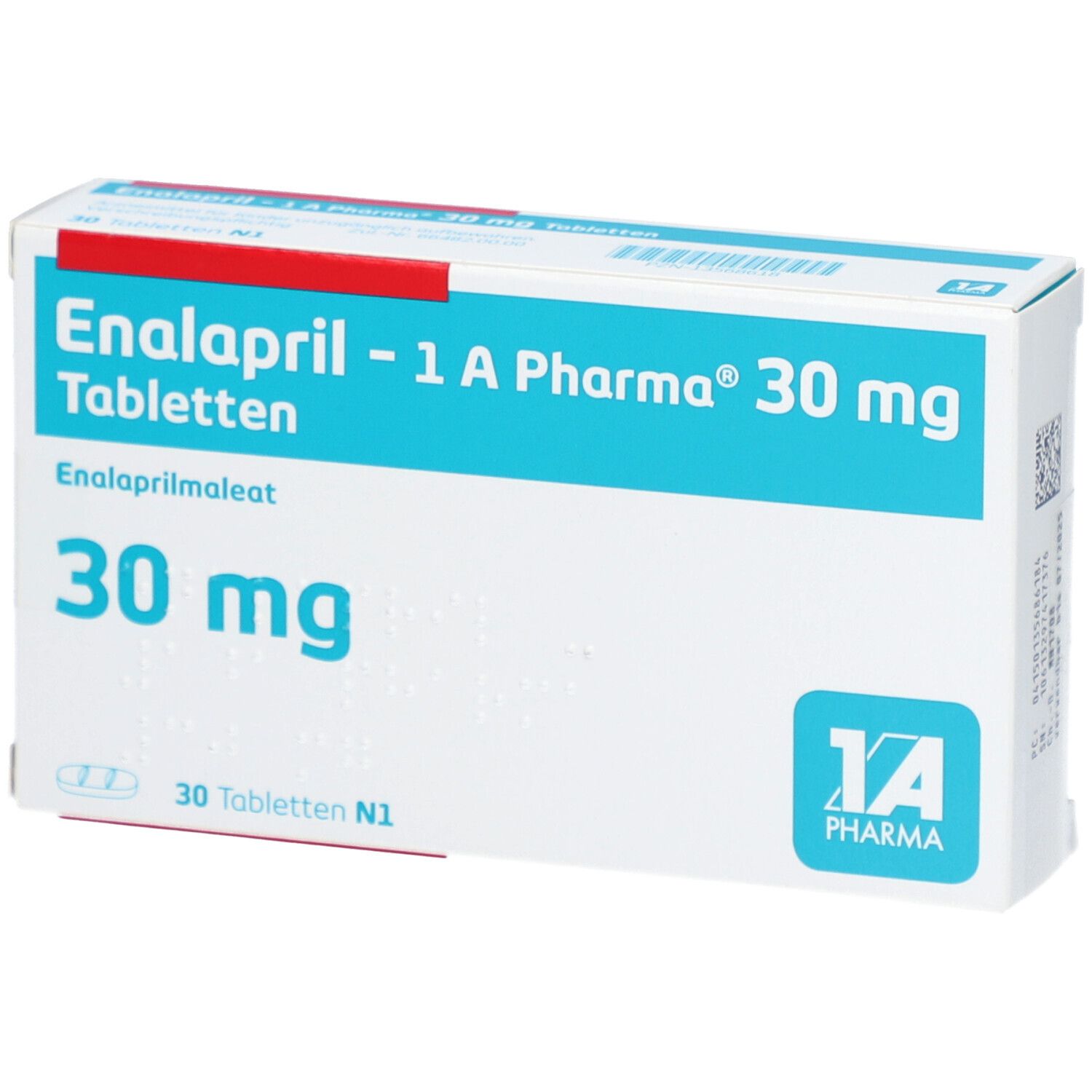 Weiße Schachtel mit blauer und roter Beschriftung. Aufschrift: Enalapril - 1 A Pharma 30 mg Tabletten. 30 mg.