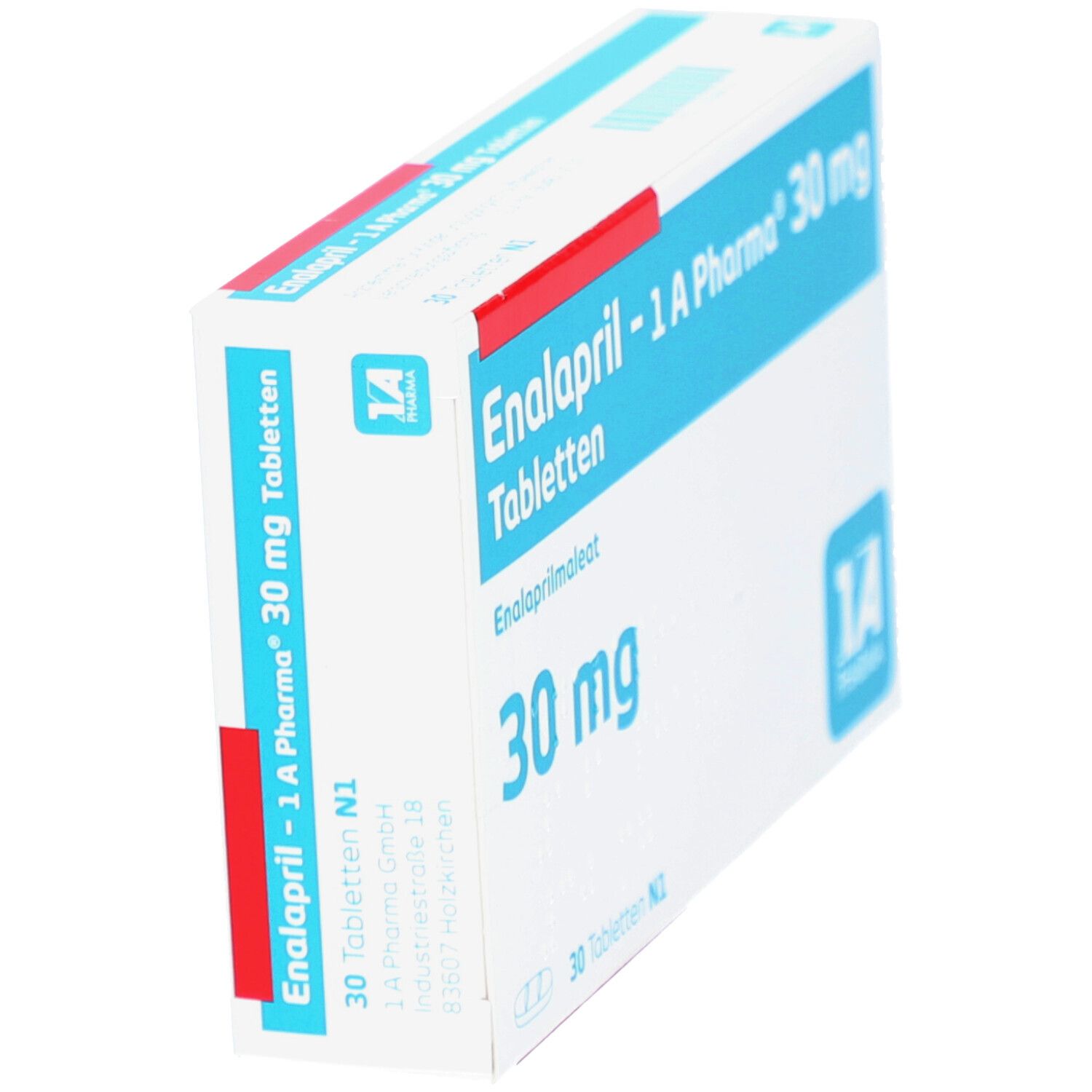 Schachtel mit blauer und roter Beschriftung. Aufschrift: Enalapril - 1 A Pharma 30 mg Tabletten. 30 mg. IA Pharma Logo.