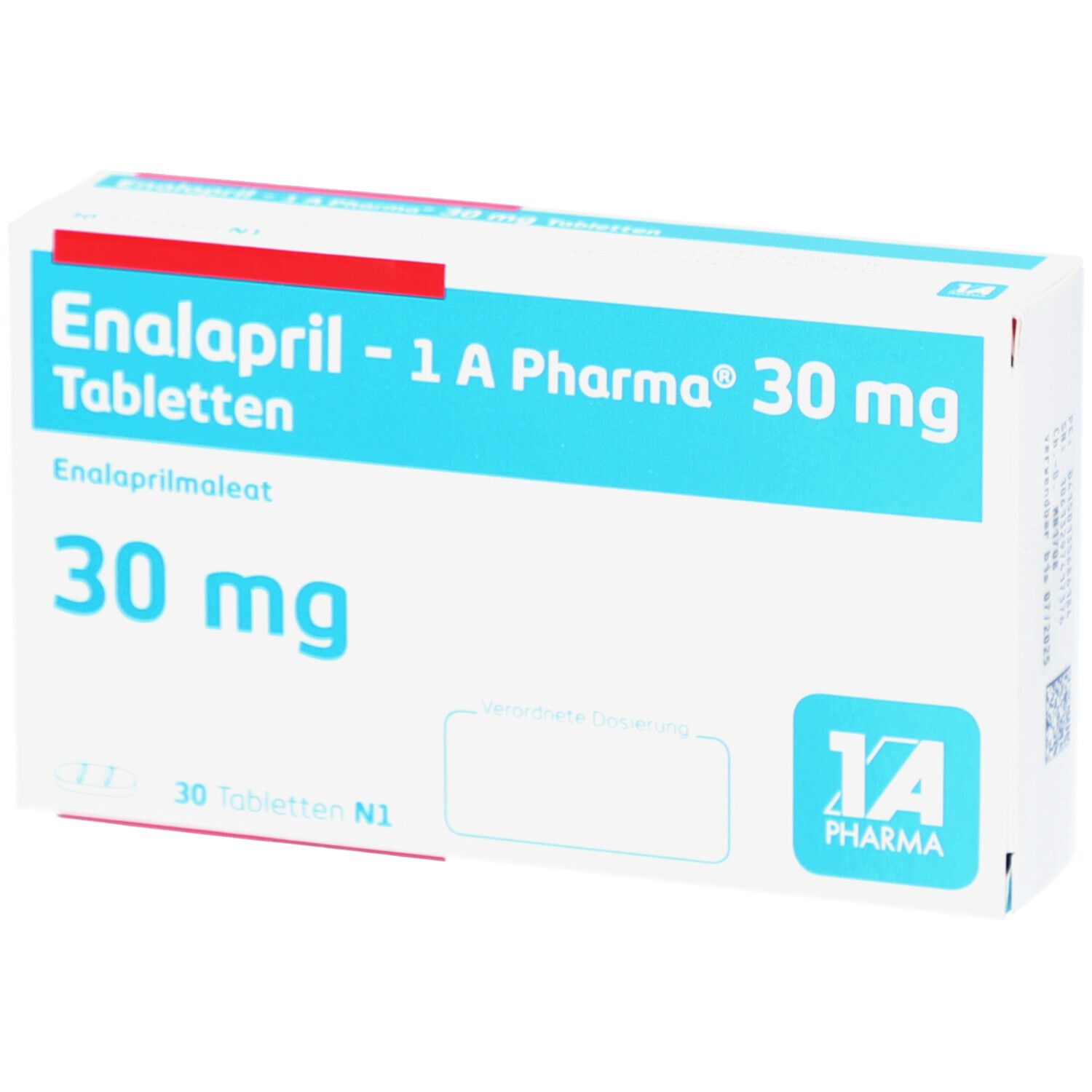 Weiße Schachtel mit blauer und roter Beschriftung. Aufschrift: Enalapril - 1 A Pharma 30 mg Tabletten. 30 mg.