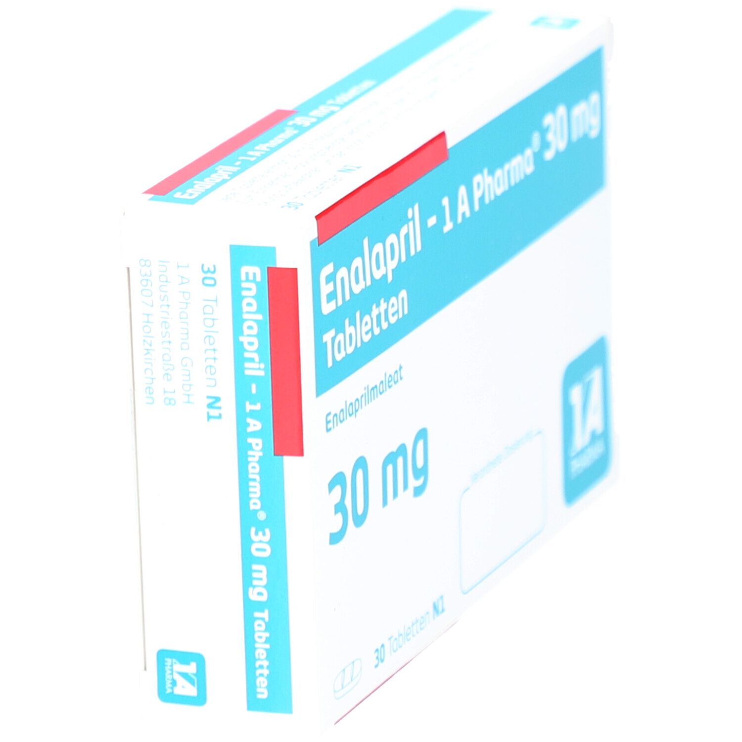 Schachtel mit blauer und roter Beschriftung. Aufschrift: Enalapril - 1 A Pharma 30 mg Tabletten. 30 mg. IA Pharma Logo.