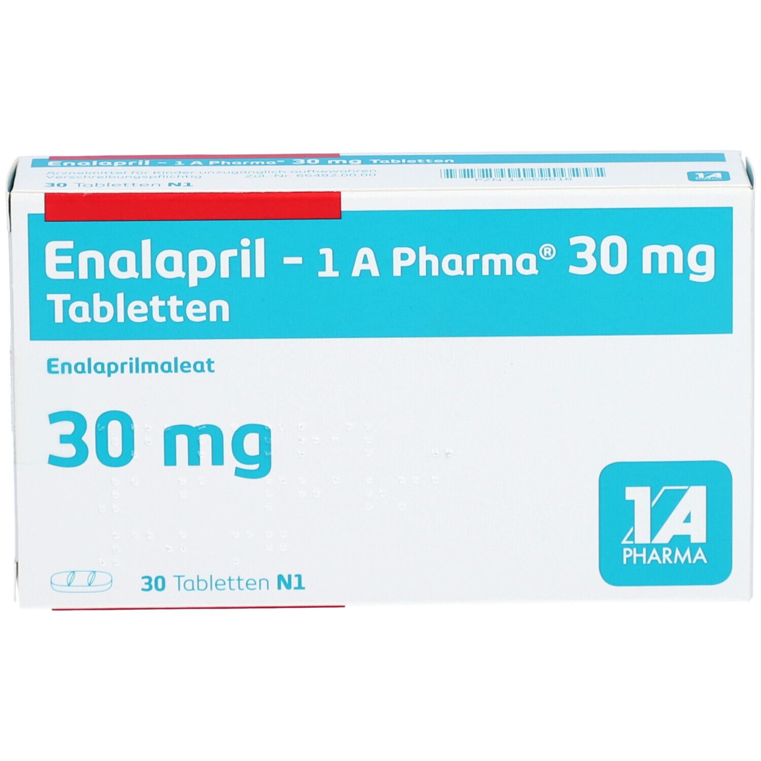Weiße Schachtel mit blauer und roter Beschriftung. Aufschrift: Enalapril - 1 A Pharma 30 mg Tabletten. 30 mg.