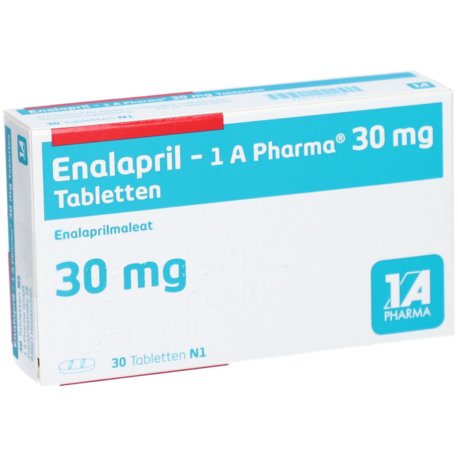 Weiße Schachtel mit blauer und roter Beschriftung. Aufschrift: Enalapril - 1 A Pharma 30 mg Tabletten. 30 mg.