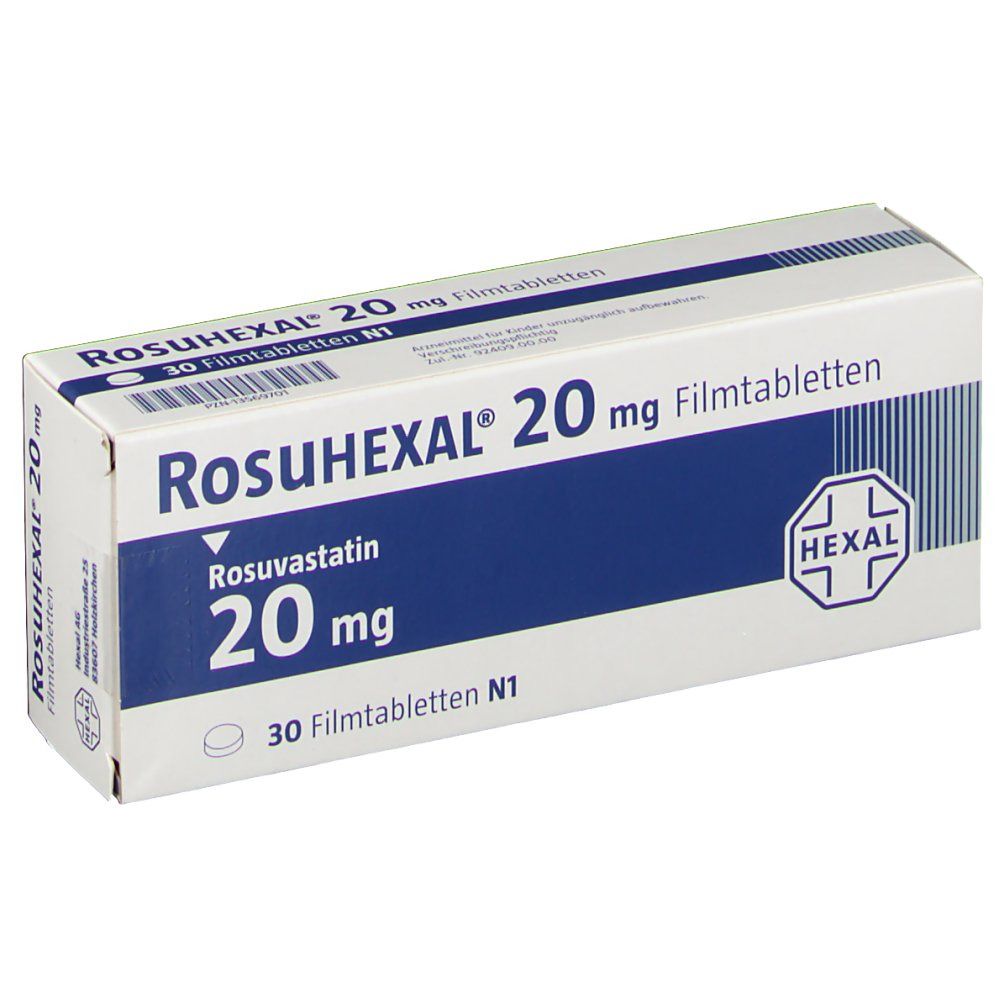 Schachtel RosuHEXAL® 20 mg Filmtabletten. Blaue Schrift auf weißem Hintergrund. Enthält 30 Filmtabletten. HEXAL Logo.