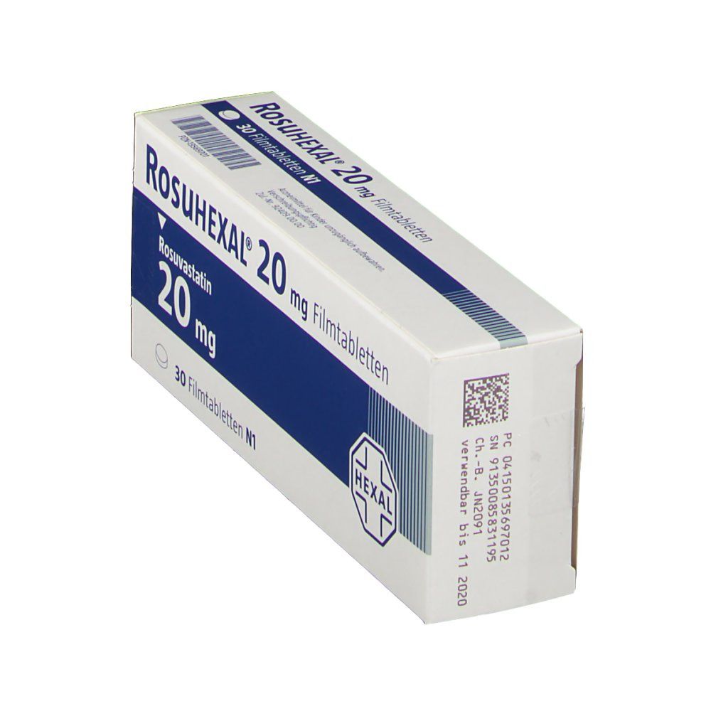 Schachtel RosuHEXAL® 20 mg Filmtabletten, perspektivische Ansicht. Blaue Schrift auf weißem Hintergrund. HEXAL Logo und Barcode.