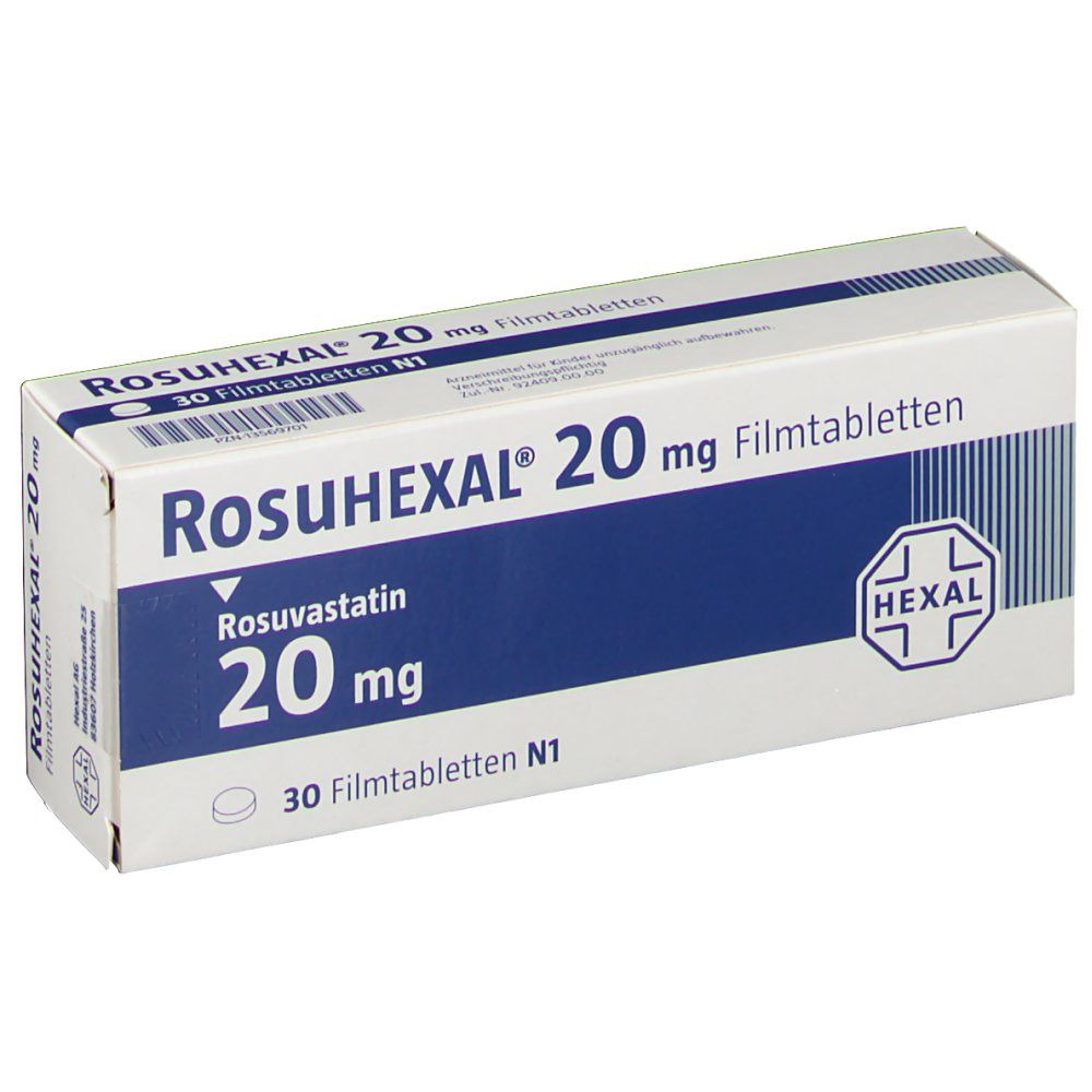 Schachtel RosuHEXAL® 20 mg Filmtabletten. Blaue Schrift auf weißem Hintergrund. Enthält 30 Filmtabletten. HEXAL Logo.
