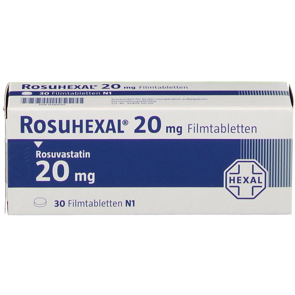 RosuHEXAL® 20 mg Filmtabletten Schachtel. Blaue Schrift auf weißem Hintergrund. Enthält 30 Filmtabletten. HEXAL Logo.