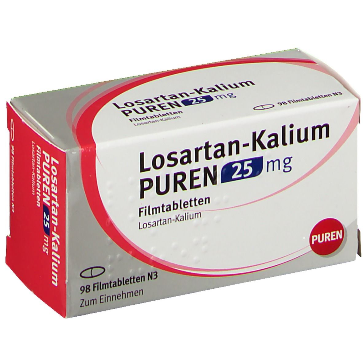 Schachtel mit Losartan-Kalium PUREN 25 mg Filmtabletten. Aufschrift: 98 Filmtabletten N3. Roter Streifen und PUREN-Logo.