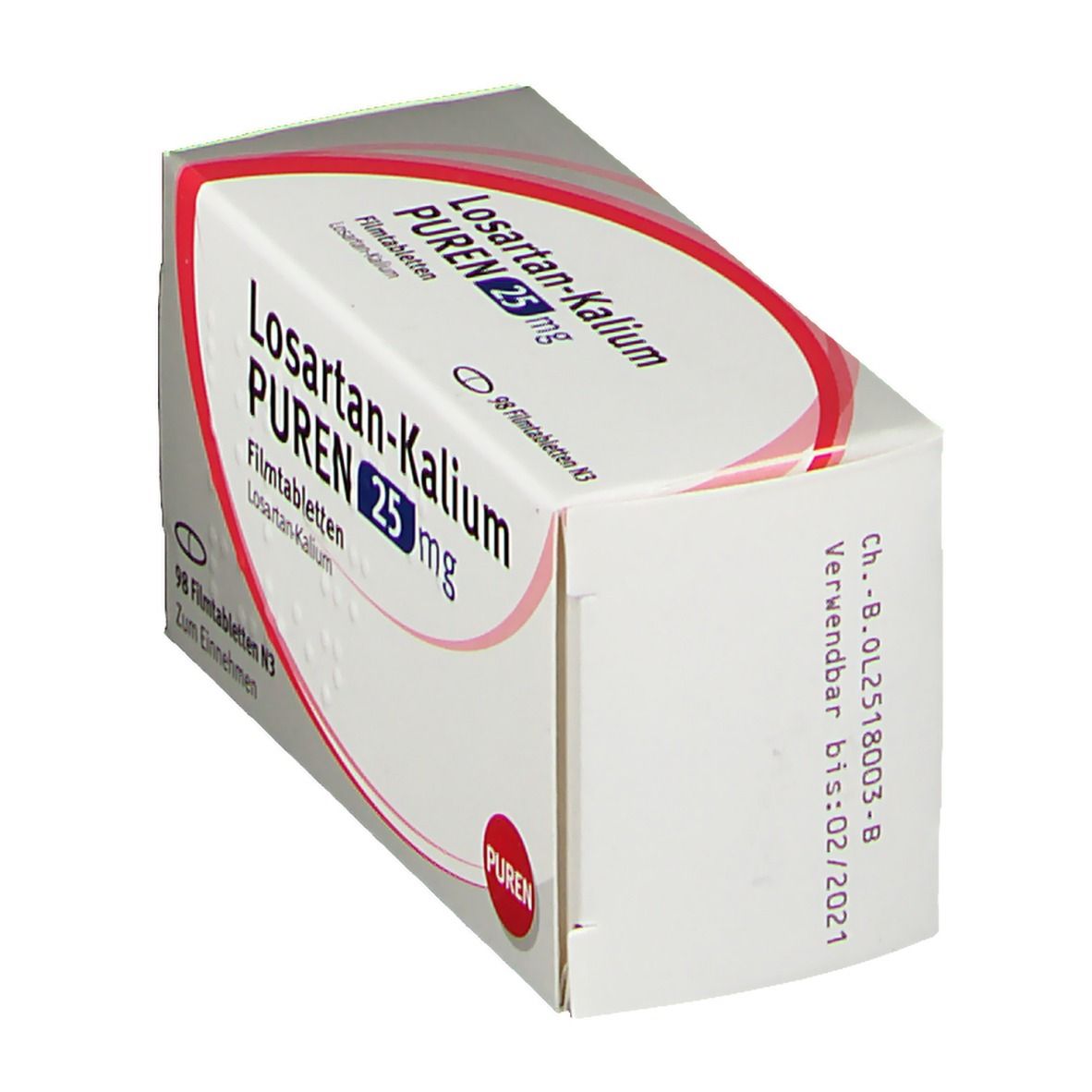Schachtel Losartan-Kalium PUREN 25 mg. Aufschrift: 98 Filmtabletten N3. PUREN-Logo. Verfallsdatum: 02/2021.