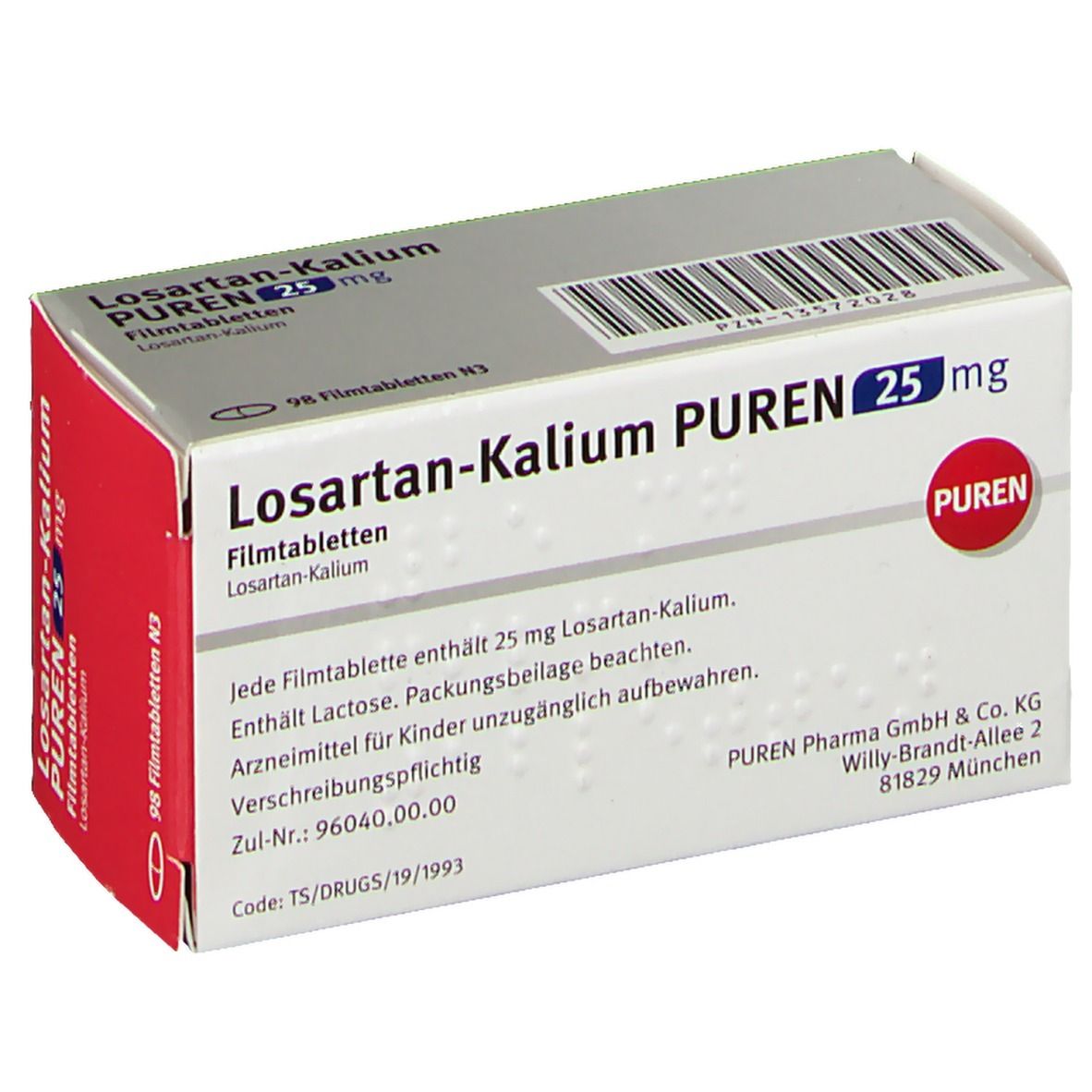 Schachtel mit Losartan-Kalium PUREN 25 mg Filmtabletten. Aufschrift: 98 Filmtabletten N3. PUREN-Logo. Text auf Deutsch.